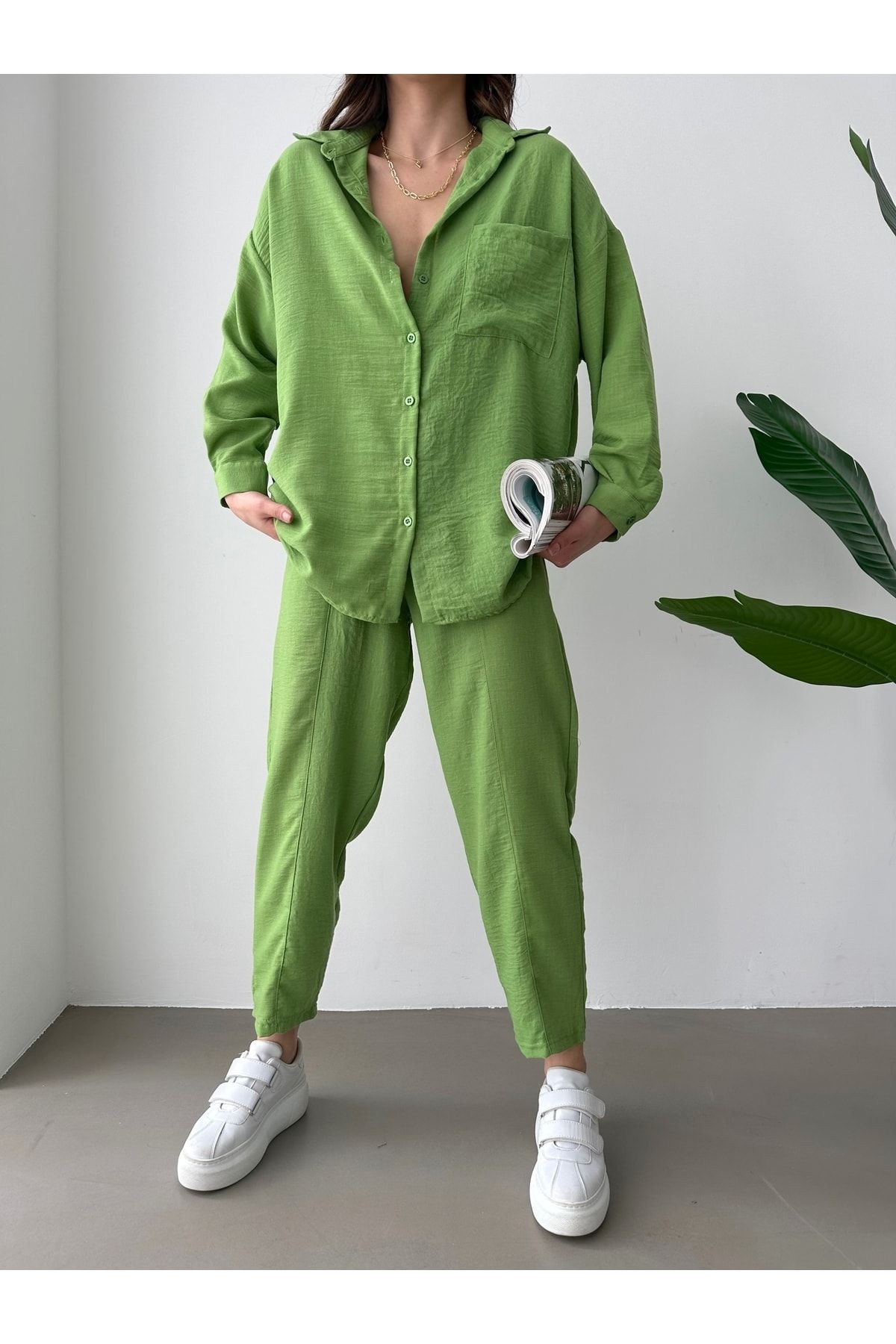 BEJNA Kadın Fıstık Yeşili Oversize Keten Gömlek Pantolon Alt Üst Takım