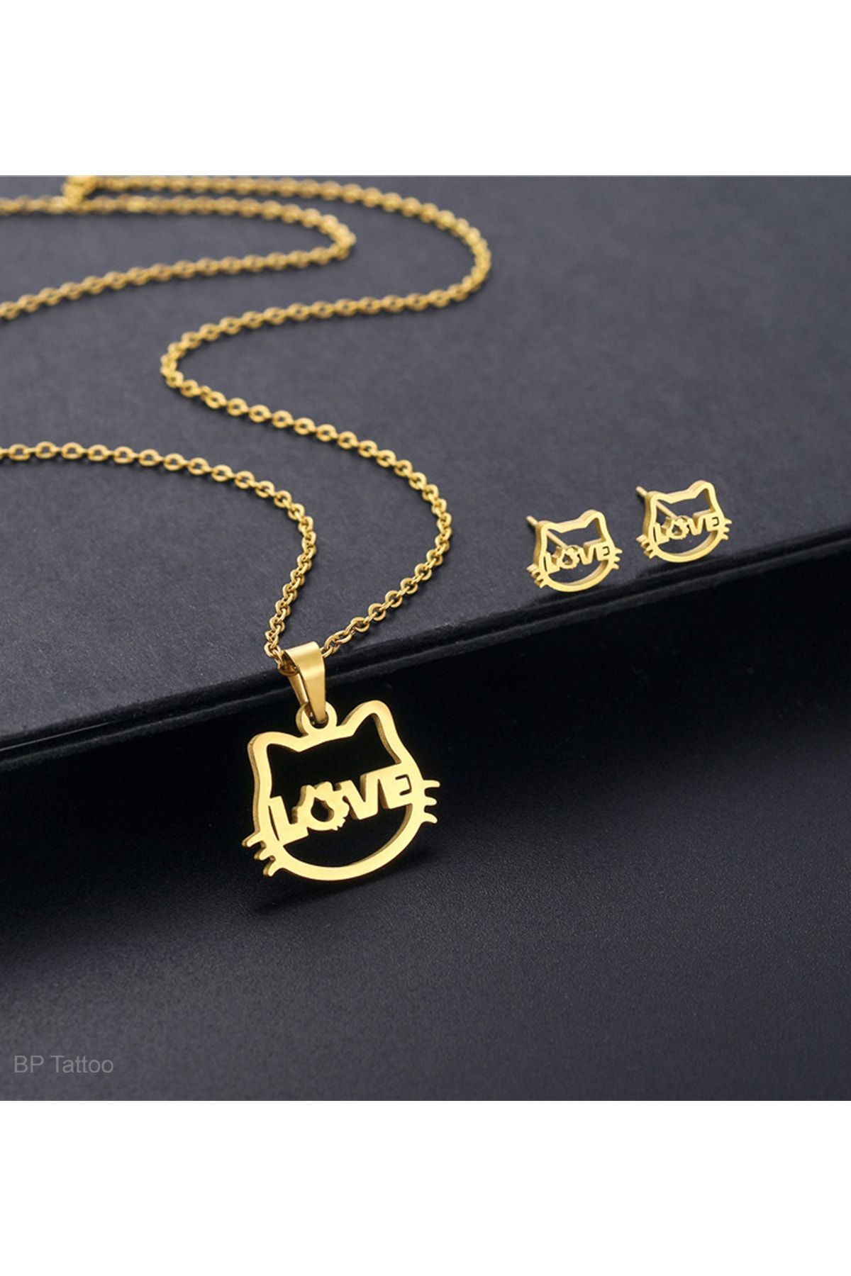 BP Tattoo Love Yazılı Kedi Küpe Ve Kolye Set Paslanmaz Çelik Gold Takım