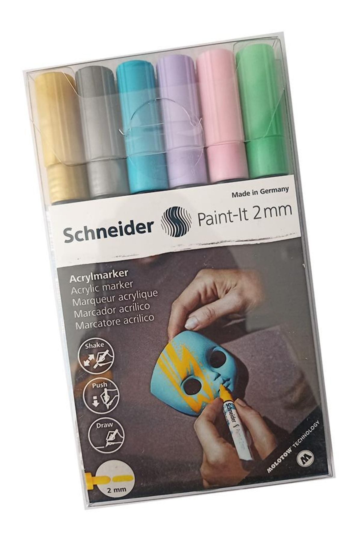 Schneider Akrilik Markör 2mm 6 Pastel Parlak Renkler Set 1 Paket Metal Cam Mantar Plastik Kumaş Deri Beton Boy