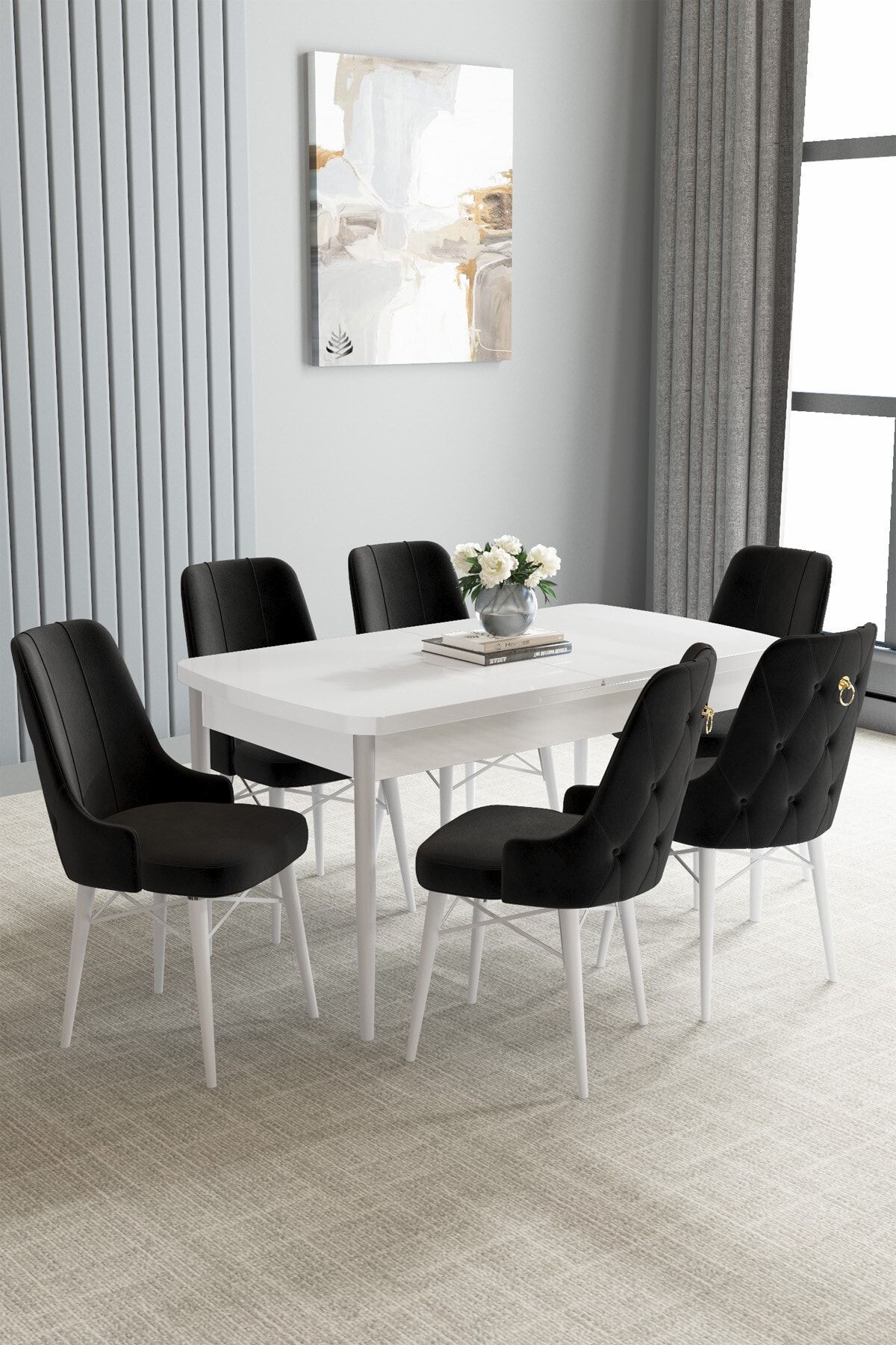 hoopsii Jusie Beyaz 80x132 Açılabilir Mutfak Masası Takımı 6 Adet Sandalye