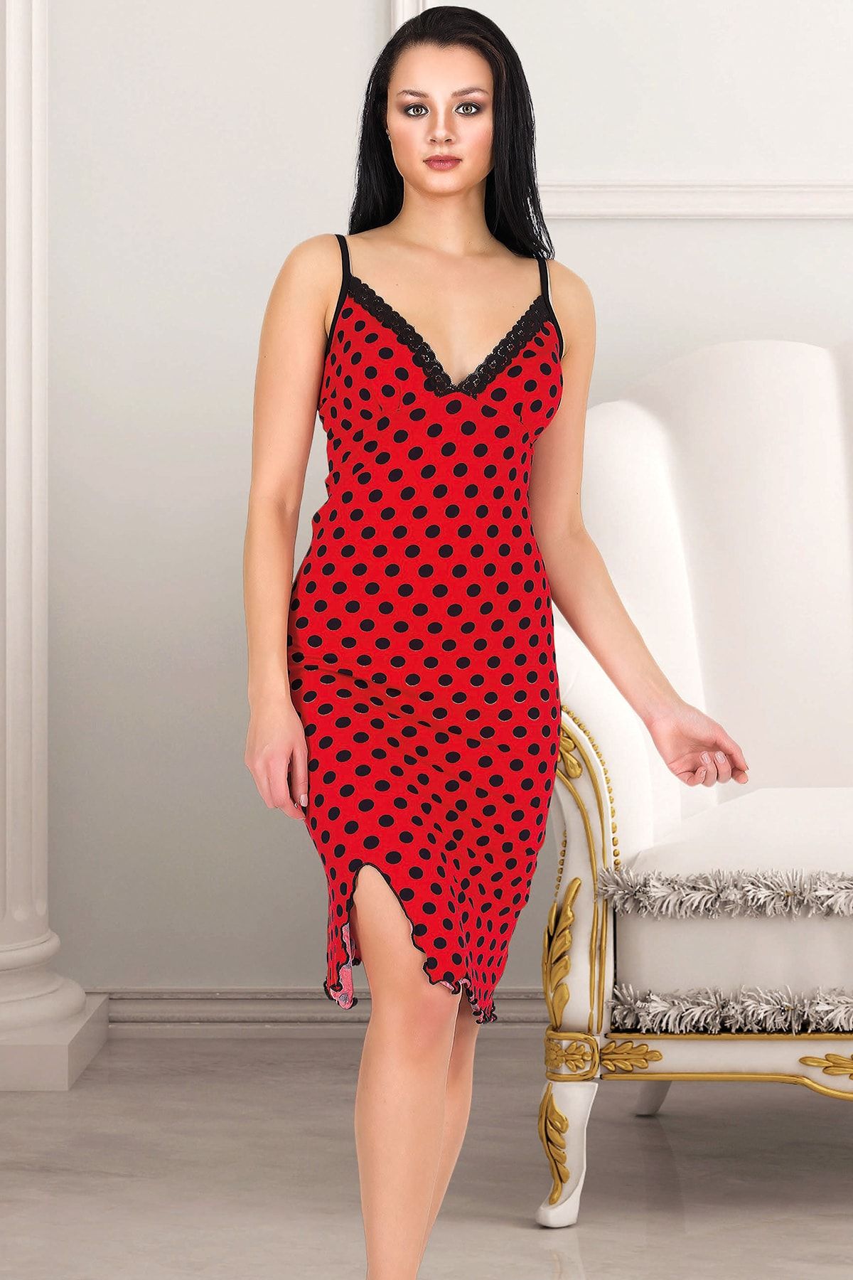 Jenny Daphne Pamuklu Lady Kırmızı Puantiyeli Gecelik Elbise 6199