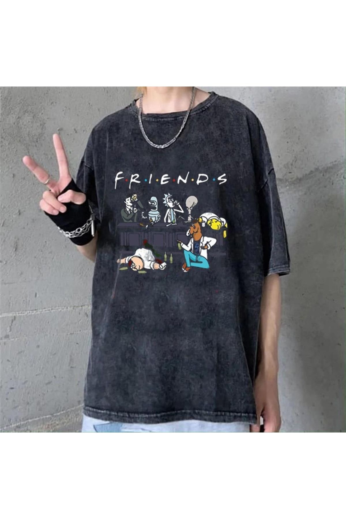 Touz Yıkamalı Friends Baskılı Unisex Oversize Vintage Eskitme T-shirt