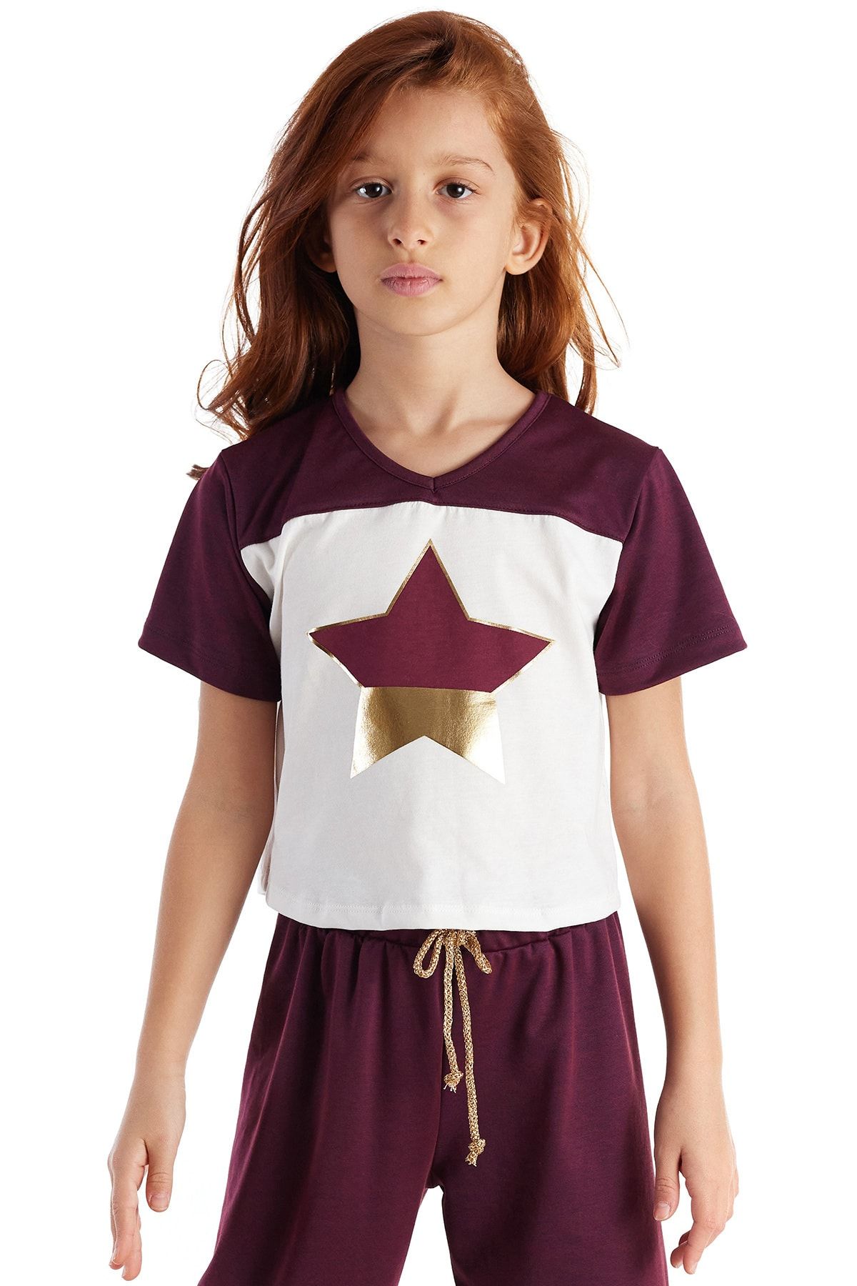 Colorinas Burgundy Varak Yıldız Baskılı Kız Çocuk Kısa Kol Tişört