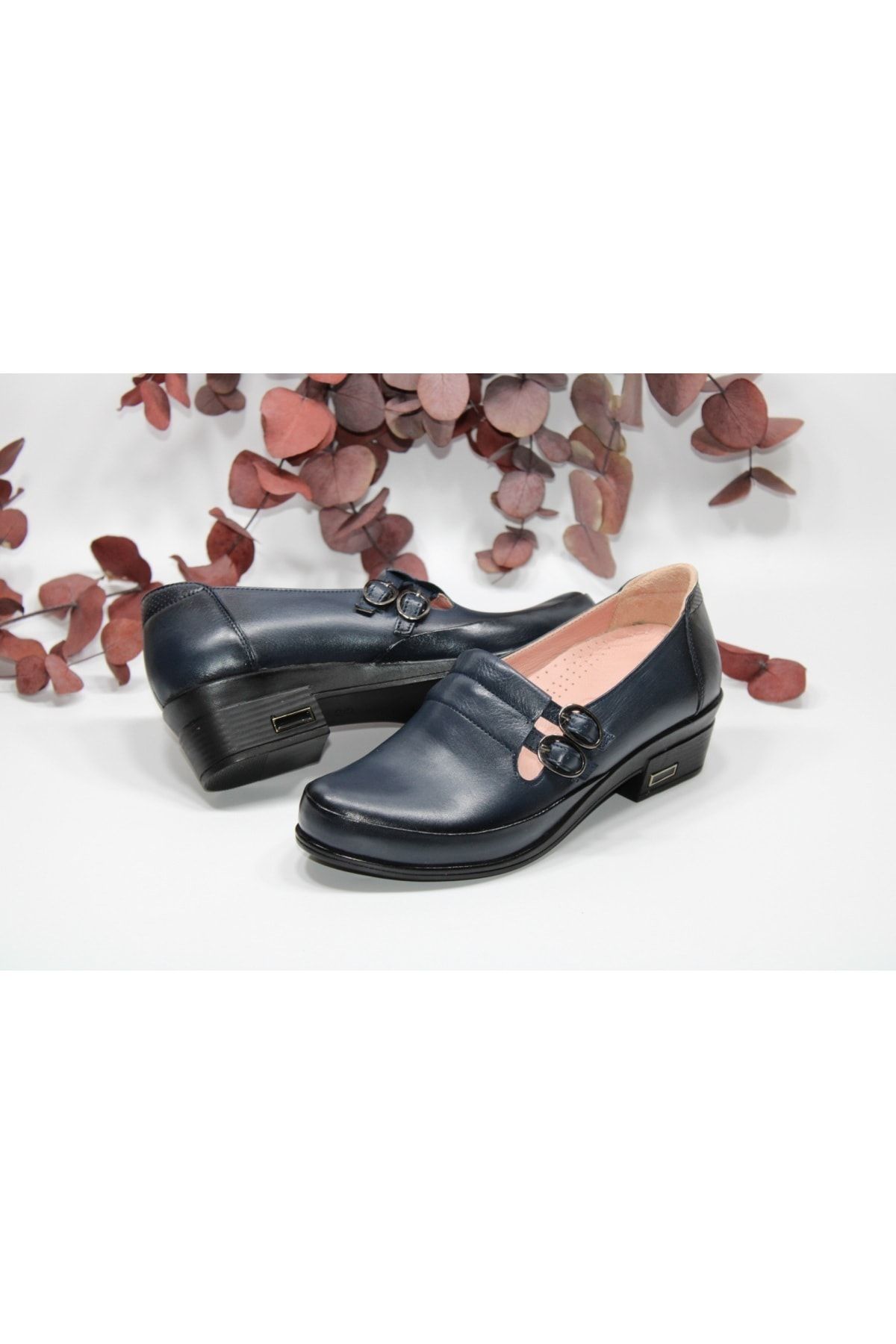MARY JANE Maryjane Hakikideri Kısa Topuklu Tokalı Lacivert Rahat Günlük Klasik Ayakkabı