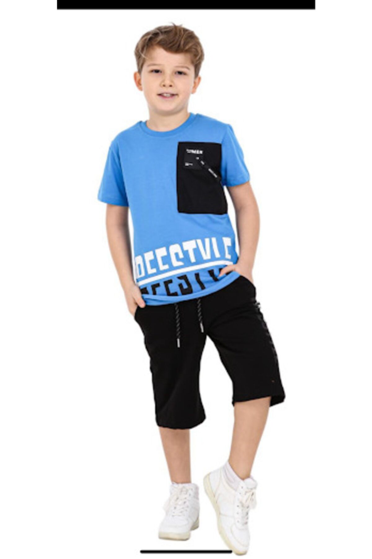 Lolliboomkids Erkek Çocuk Mavi Siyah Summer Freestyle T-shirt & Şort Takım