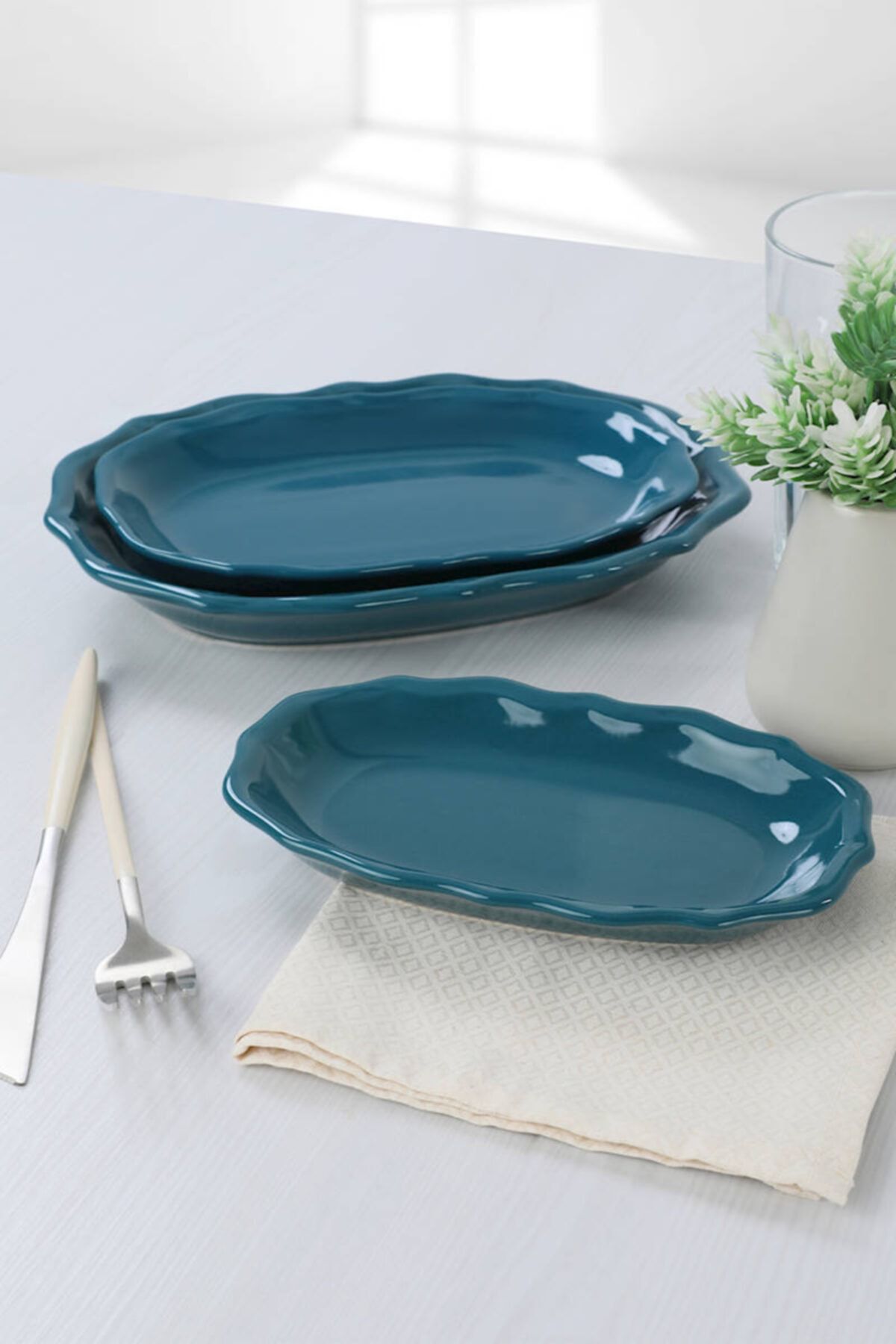 Keramika Petrol Mavi Romeo Kayık Tabak 19-22-25 Cm 3 Adet