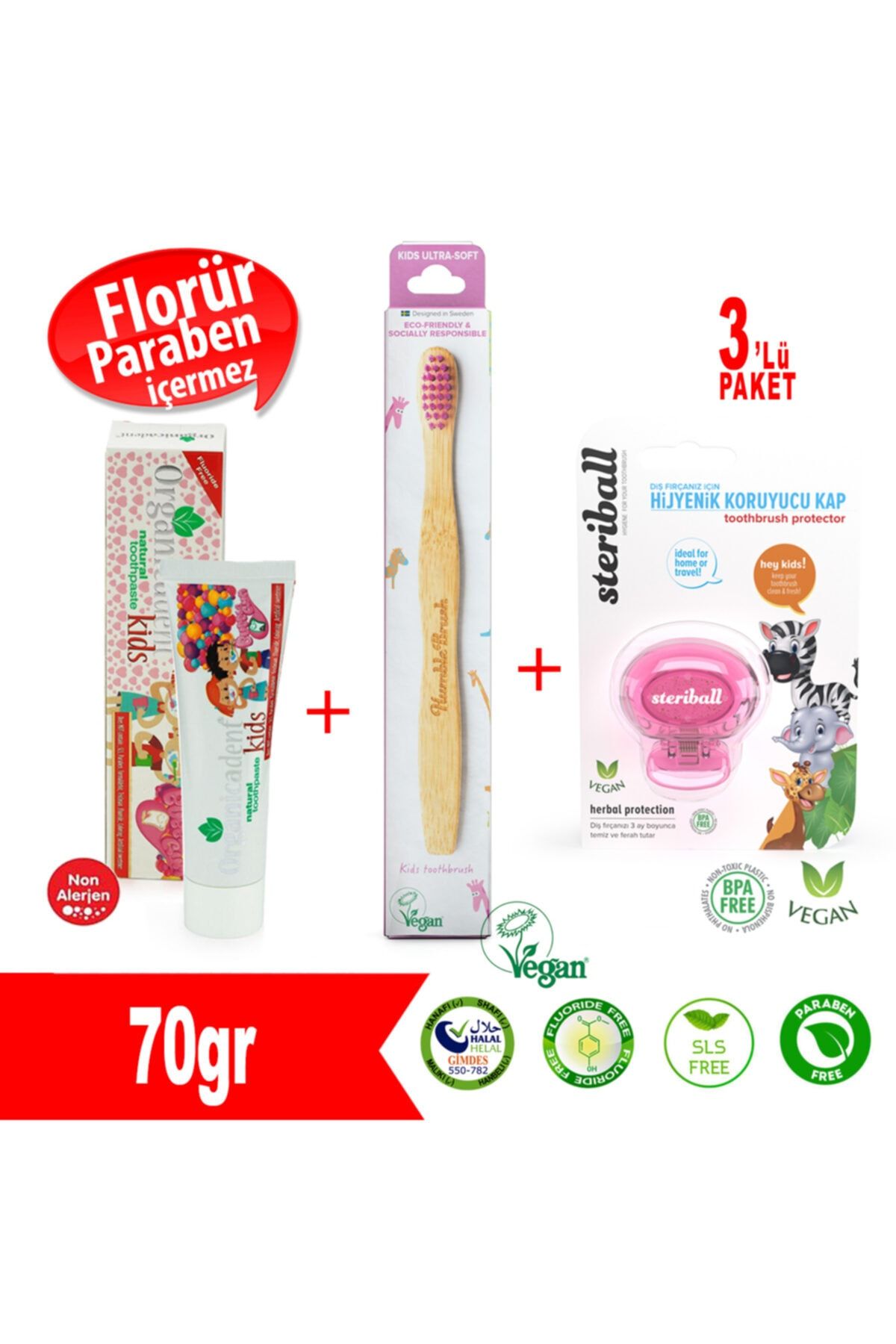 Organicadent Doğal Çocuk Diş Macunu + Humblebrush Diş Fırçası(pembe)+streibal Fırça Kabı(pembe)