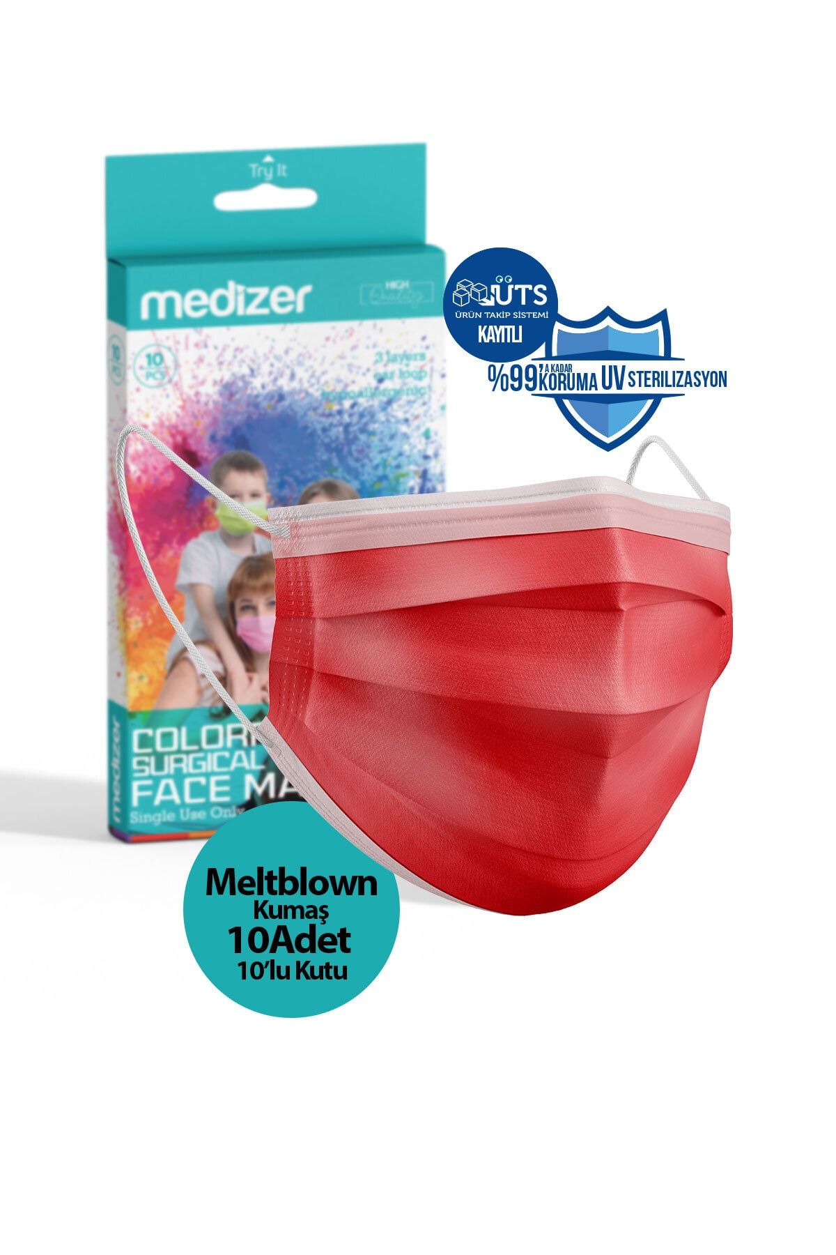 Medizer Kırmızı Meltblown Kumaş Full Ultrasonik 3 Katlı Burun Telli  Cerrahi Maske 10'lu 10 Kutu