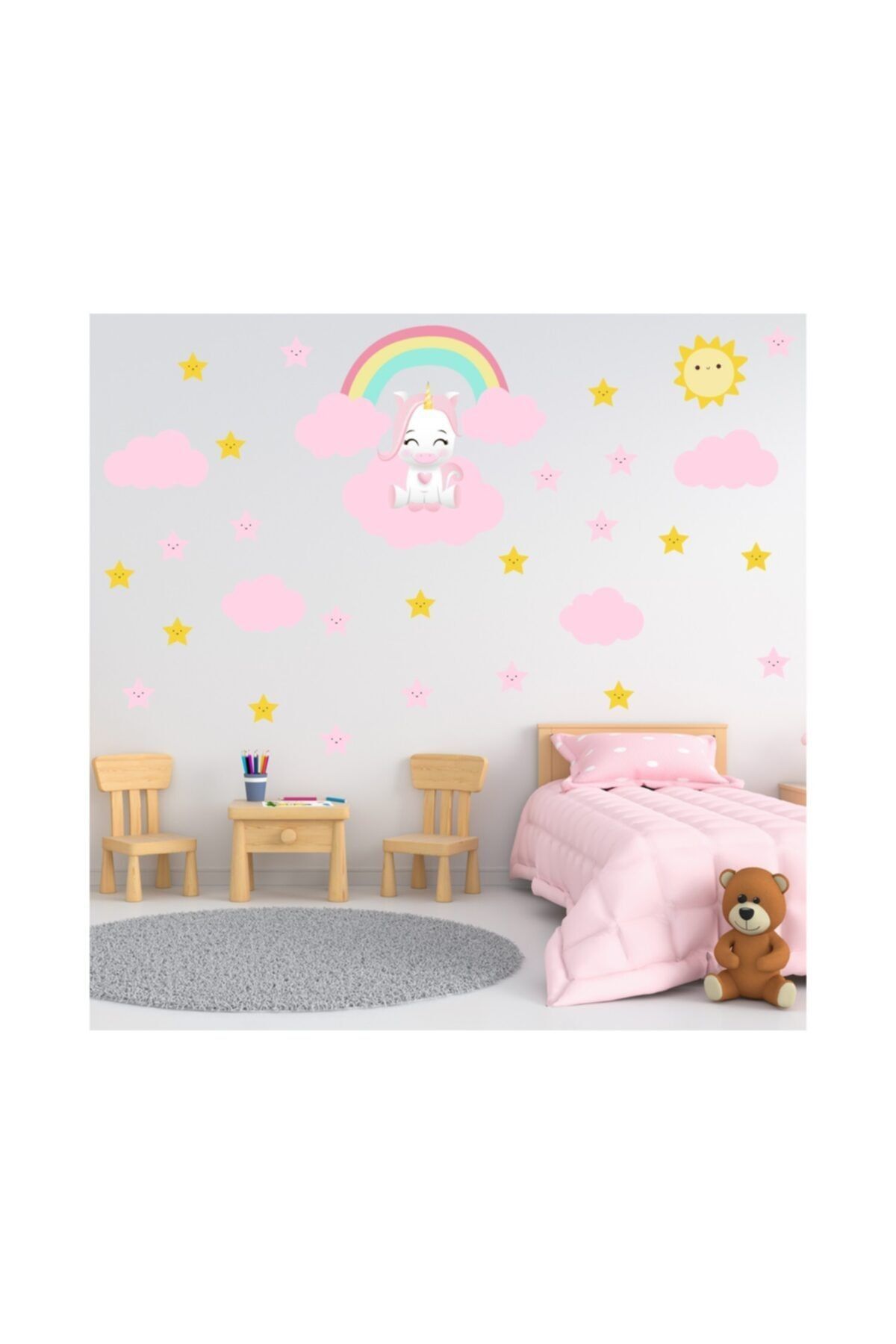 KT Decor Sevimli Unicorn, Yıldızlar Ve Bulutlar Çocuk Odası Sticker