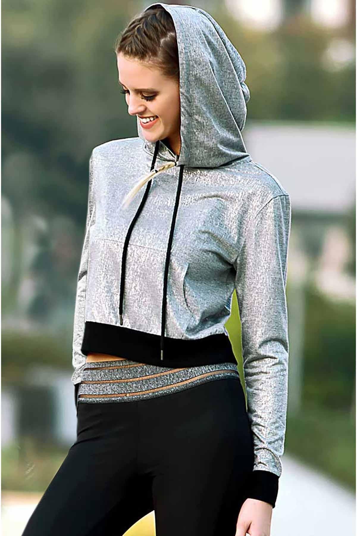 GALLİPOLİ Kadın,(GRİ) Kapüşonlu Kanguru Cepli Kapüşonlu Crop Spor Sweatshirt Tek Üst