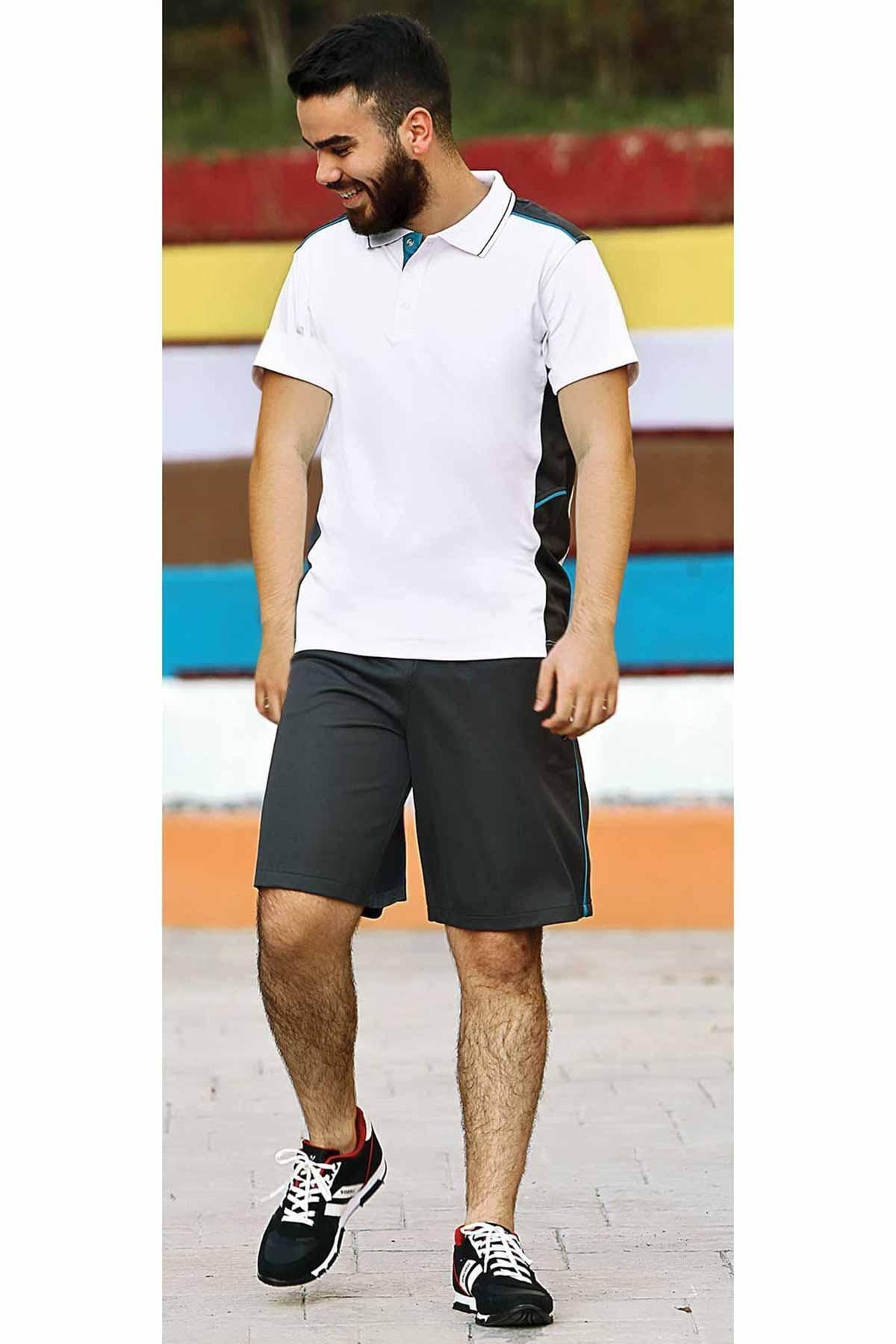 GALLİPOLİ 9663-erkek (BEYAZ)/füme Bol Kesim Kısa Kol Polo Yaka T-shirt, Alt Üst Şort Takım