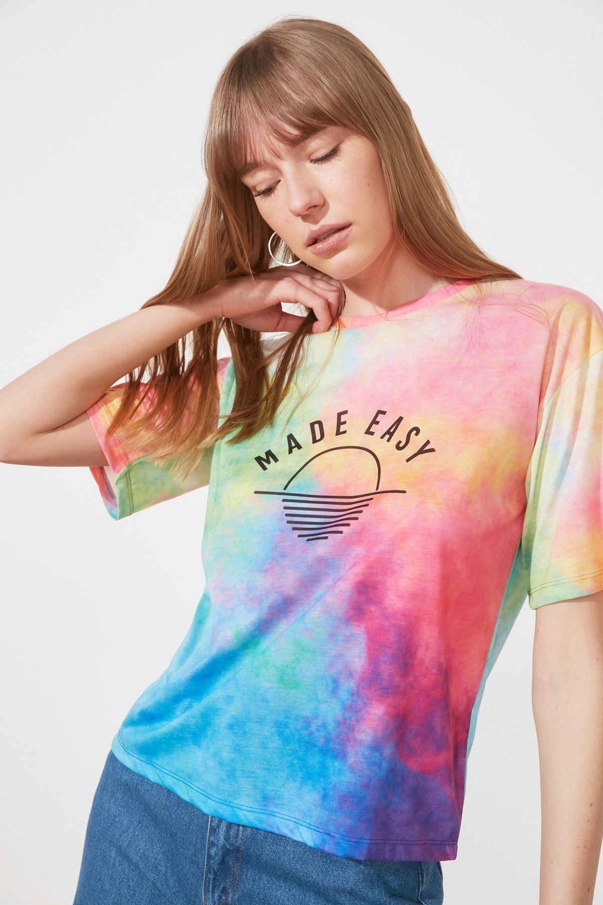 TRENDYOLMİLLA Çok Renkli Loose Örme T-Shirt TWOSS21TS1759