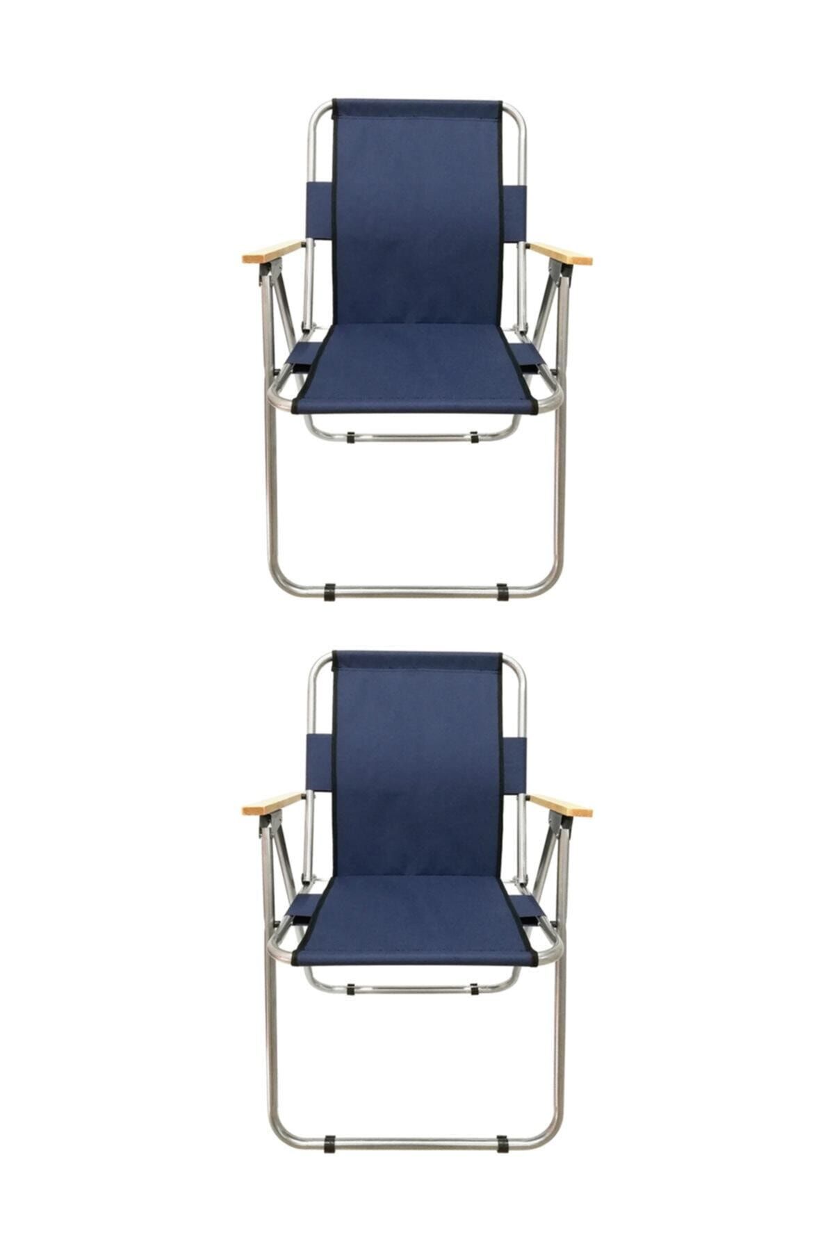 Tedarikcenter Kamp Sandalyesi 2 Adet Ahşap Kollu Katlanabilir Kamp Sandalyesi - Lacivert