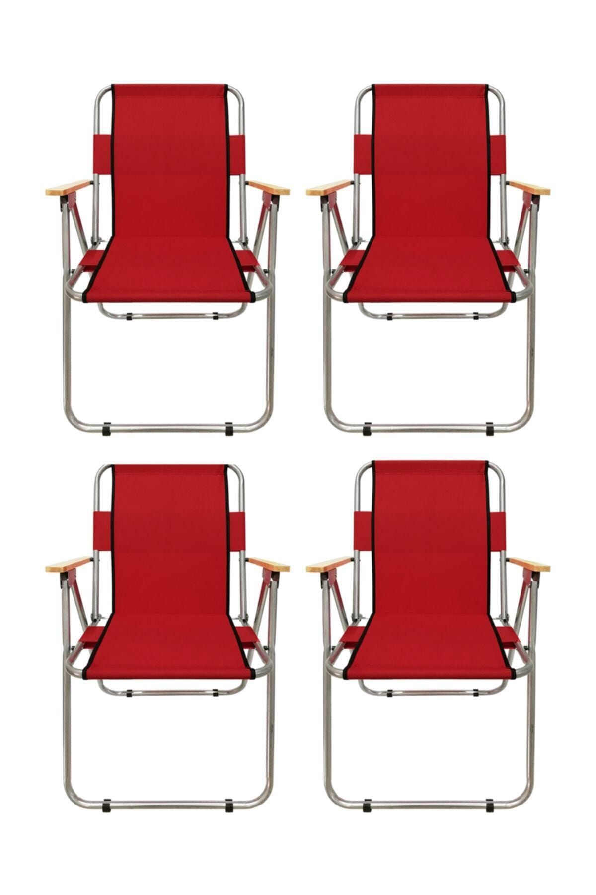 Tedarikcenter Kamp Sandalyesi 4 Adet Ahşap Kollu Katlanır Sandalye - Kırmızı