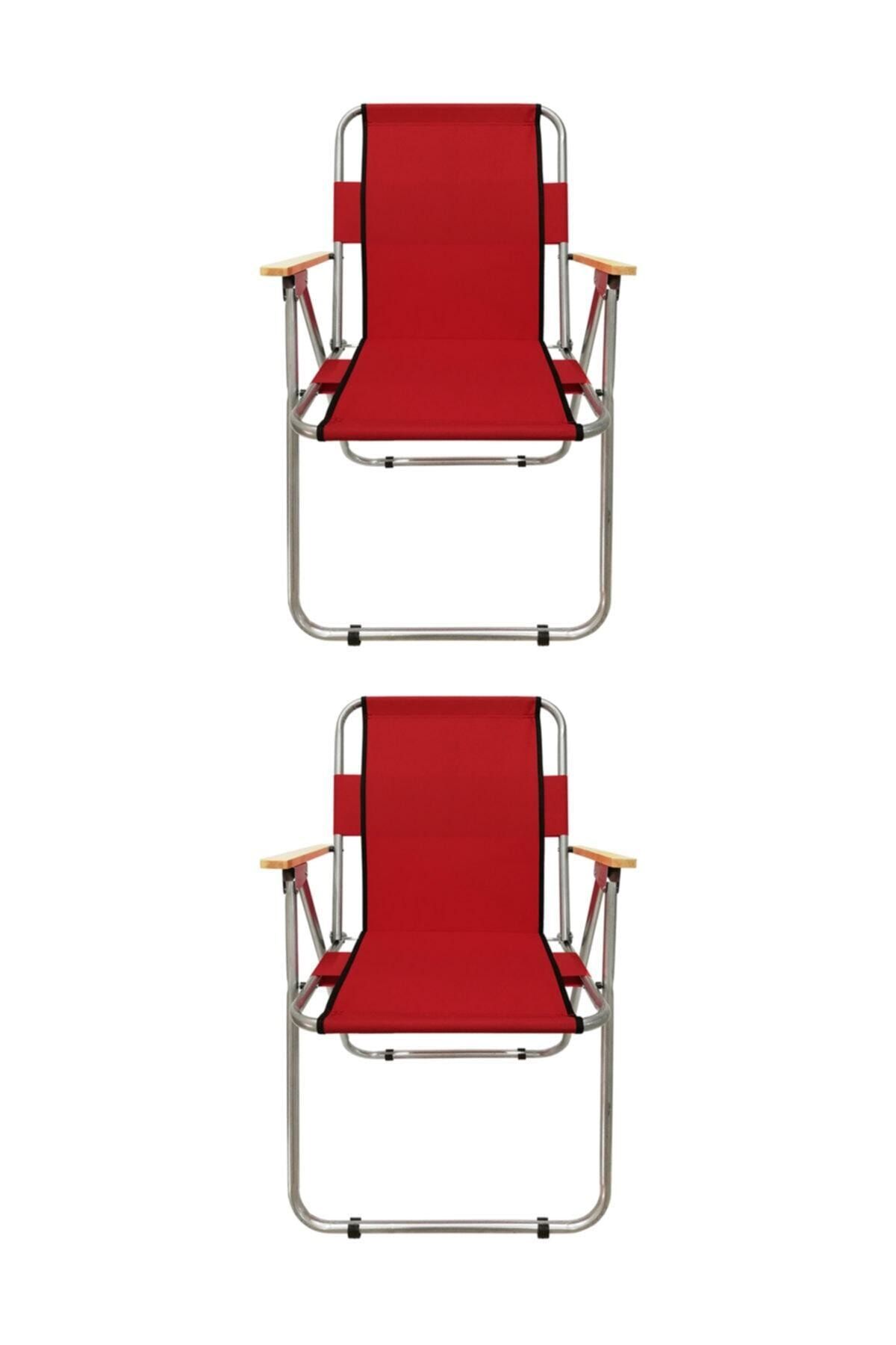 Tedarikcenter Kamp Sandalyesi 2 Adet Ahşap Kollu Katlanabilir Kamp Sandalyesi - Kırmızı