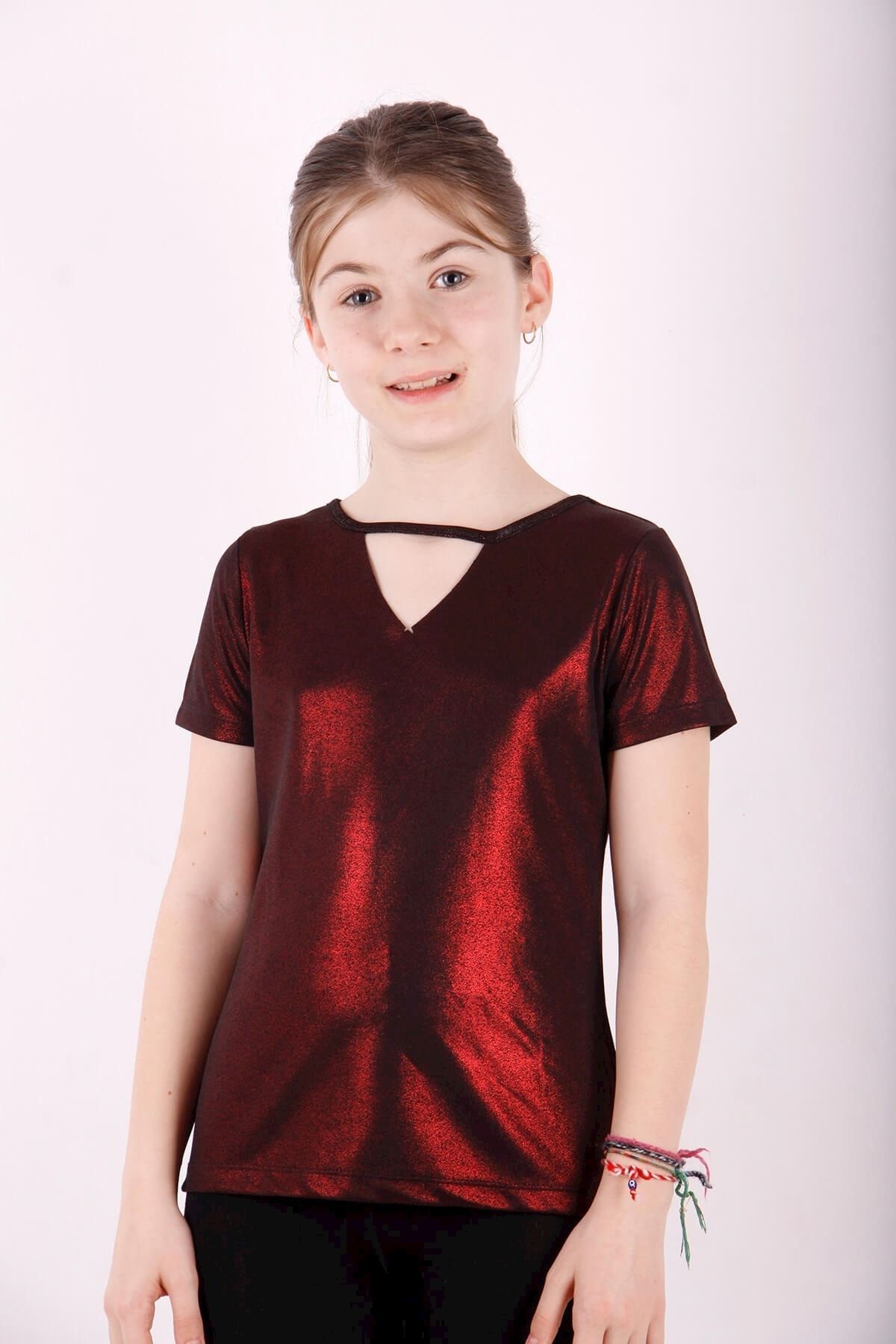 Toontoy Kız Çocuk Kum Varaklı Tişört Bordo 14 Yaş K-208