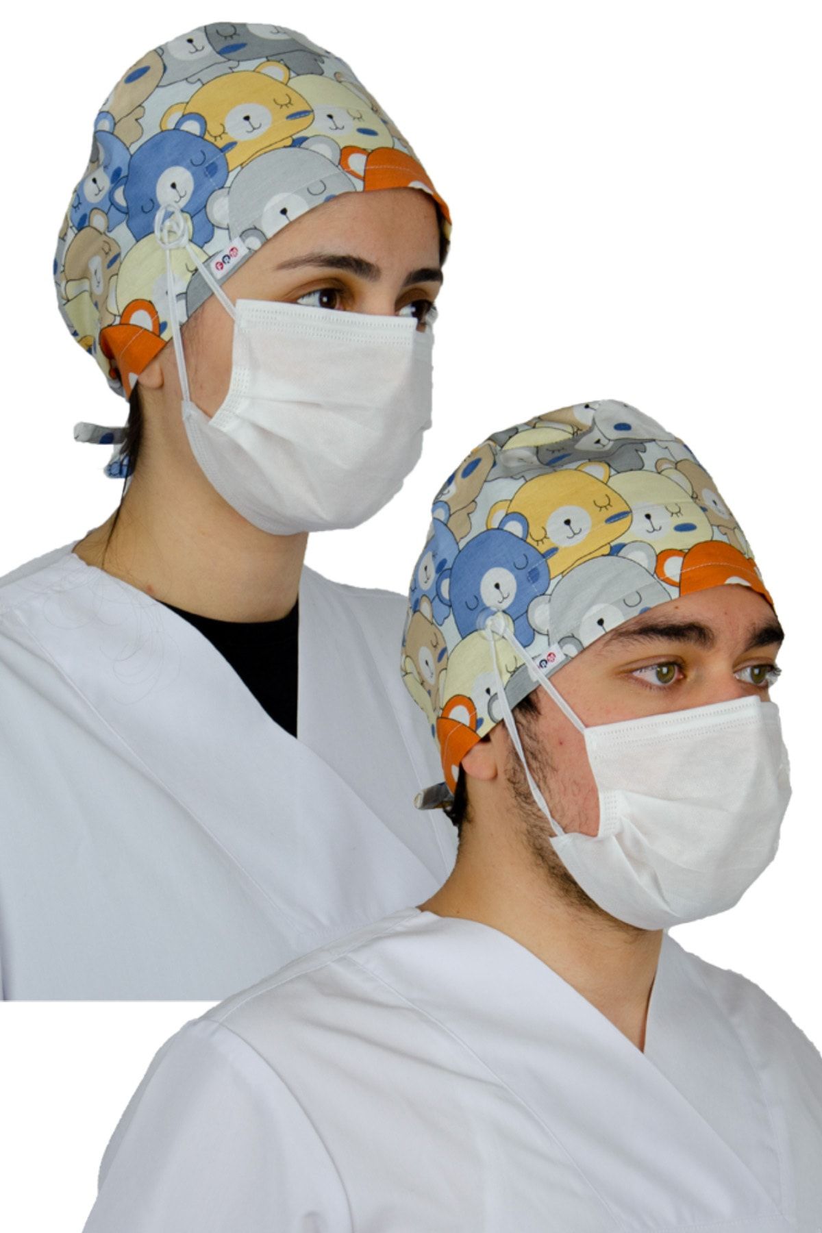 FRM Doktor Hemşire Aşçı Bonesi, Cerrahi Bone %100 Pamuk, Maske Için Düğme Ve Terbantlı B Model Ayıcık