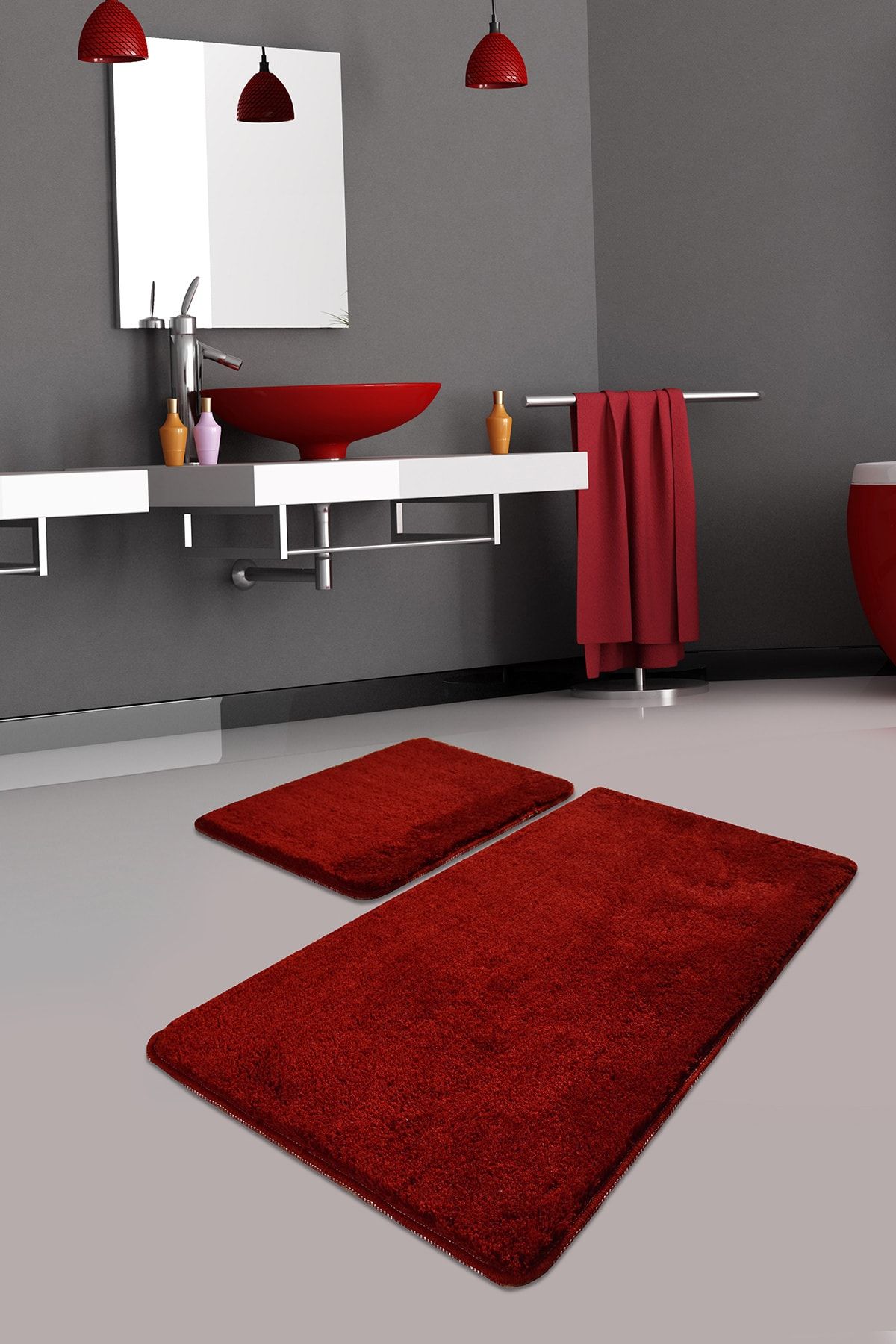 Chilai Home Havai Kırmızı 2 Li Set 50x80 40x50 cm Banyo Halısı, Paspası, El yapımı