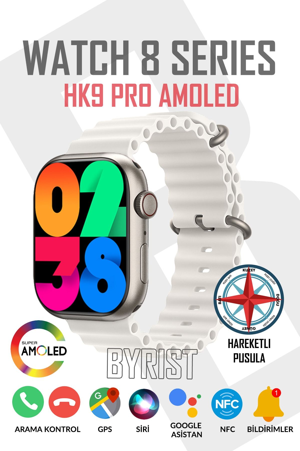 Byrist Watch 8 Hk9 Pro Amoled Ekran 47mm Kordon Kilitli 1:1 Pusula Özellikli Uyumlu Çift Kordon Akıllı Saat