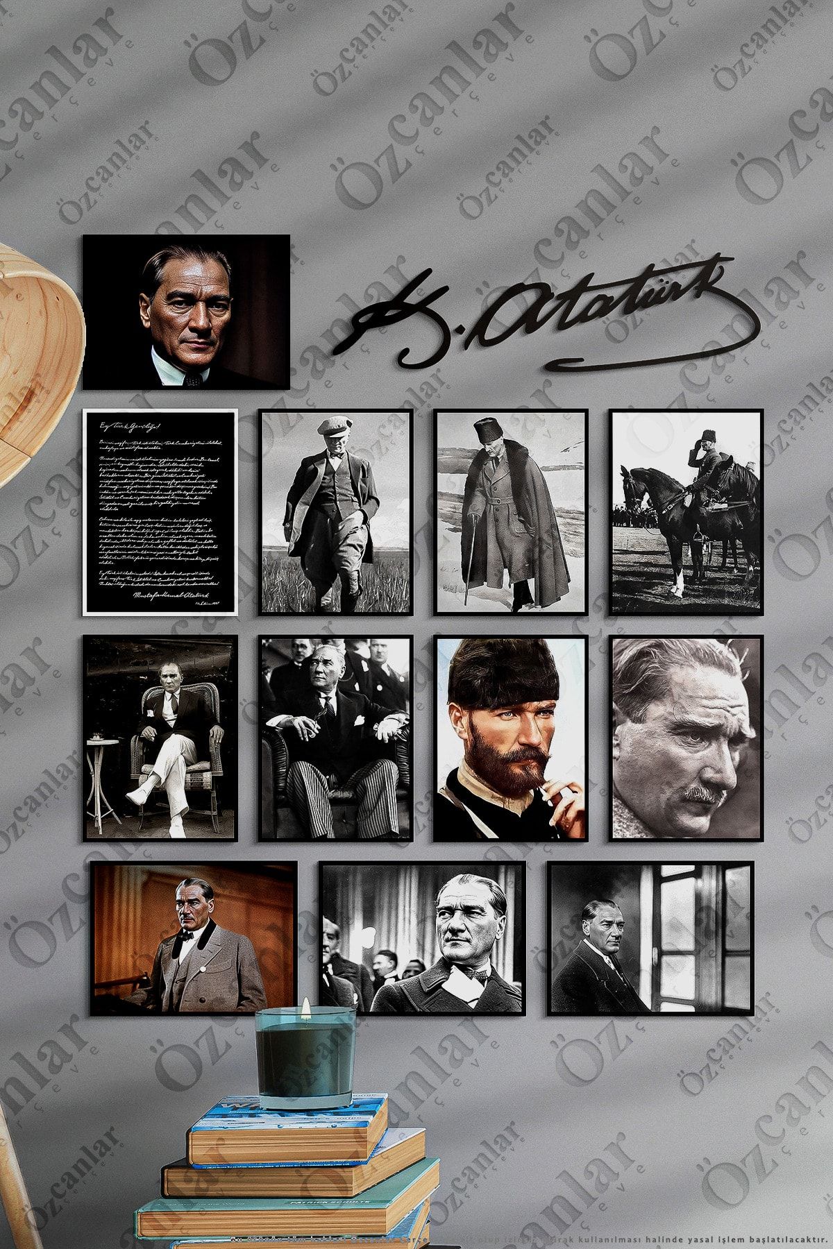ÖZCANLAR ÇERÇEVE Atatürk Çerçevesiz Çerçeve Görünümlü Atatürk Fotoğrafları 13 Parça Mdf Tablo Seti Atatürk Imzası