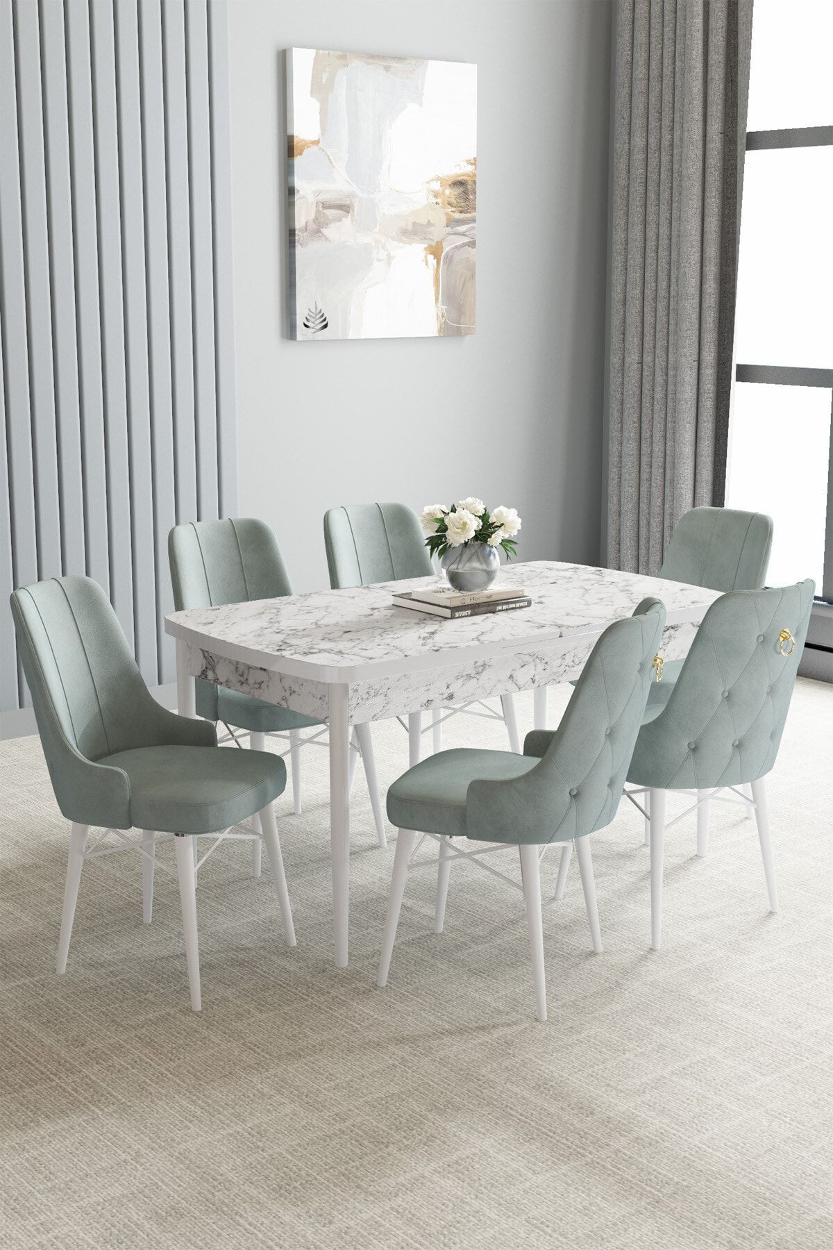 hoopsii Jusie Beyaz Mermer Desen 80x132 Açılabilir Yemek Odası Takımı 6 Adet Sandalye