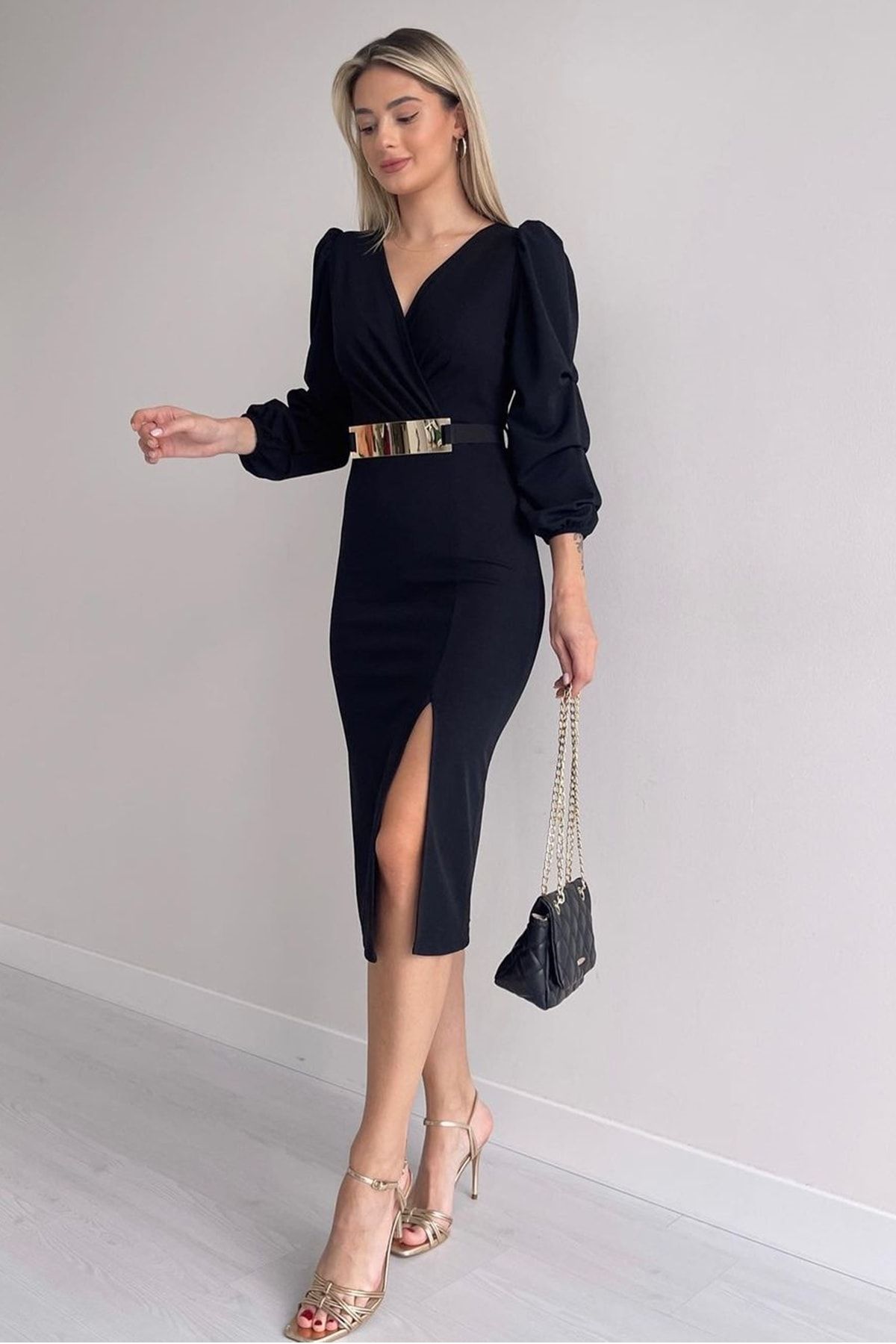 lovebox Kadın Krep Kumaş Aynalı Kemer Ve Yırtmaç Detaylı Kısa Kollu Kruvaze Yaka Siyah Kalem Elbise 074