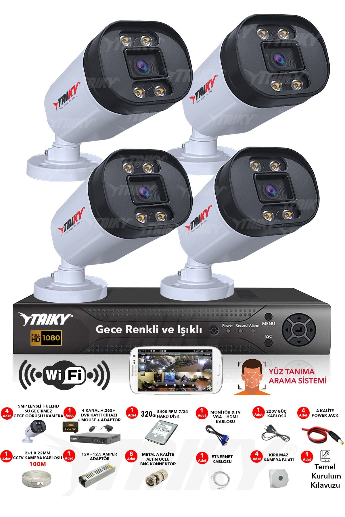 TAIKY 4 Kameralı 5mp Sony Lensli Fullhd 1080p Yüz Tanıma Wıfı Gece Renkli Güvenlik Kamera Sistemi Wf519-32