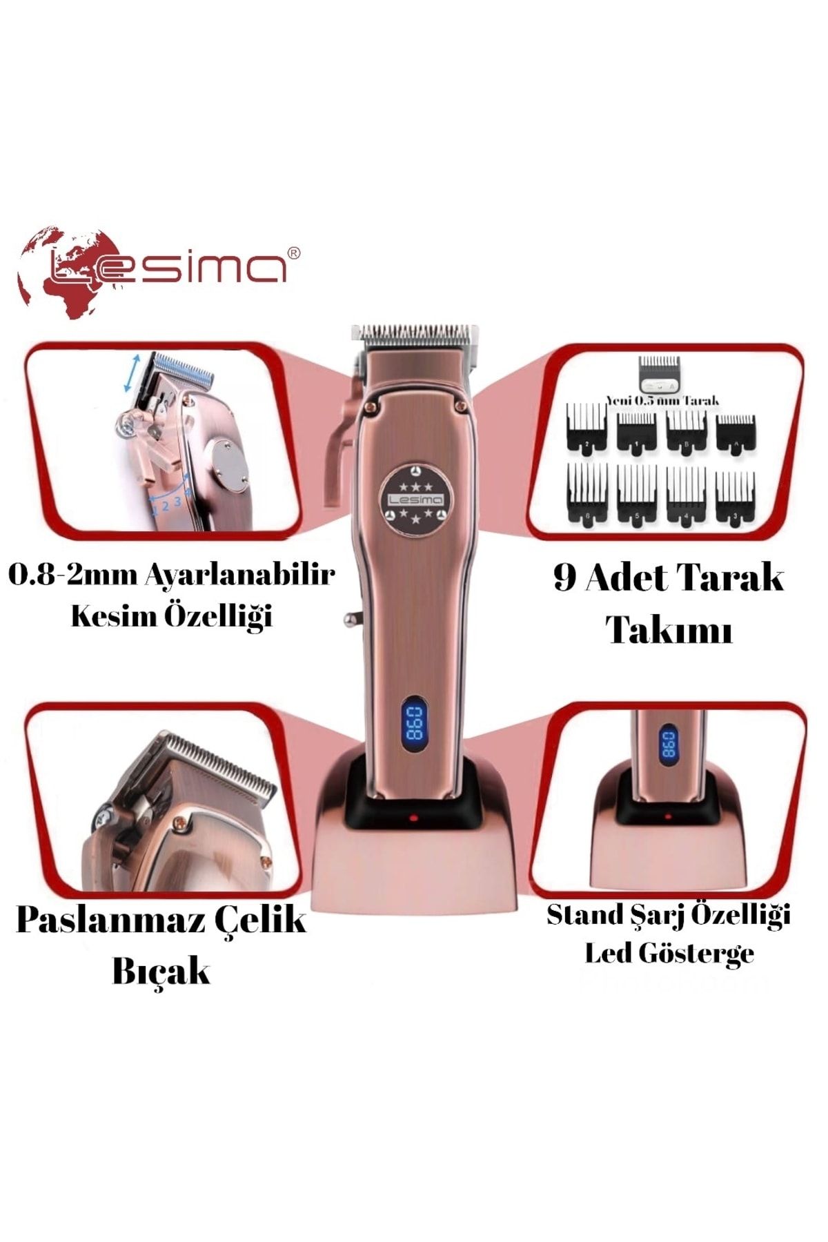 Lesima Lion Serisi Professional Tıraş Makinesi 0.5 Tarak ve 8 Farklı Kesim Tarağı Standlı