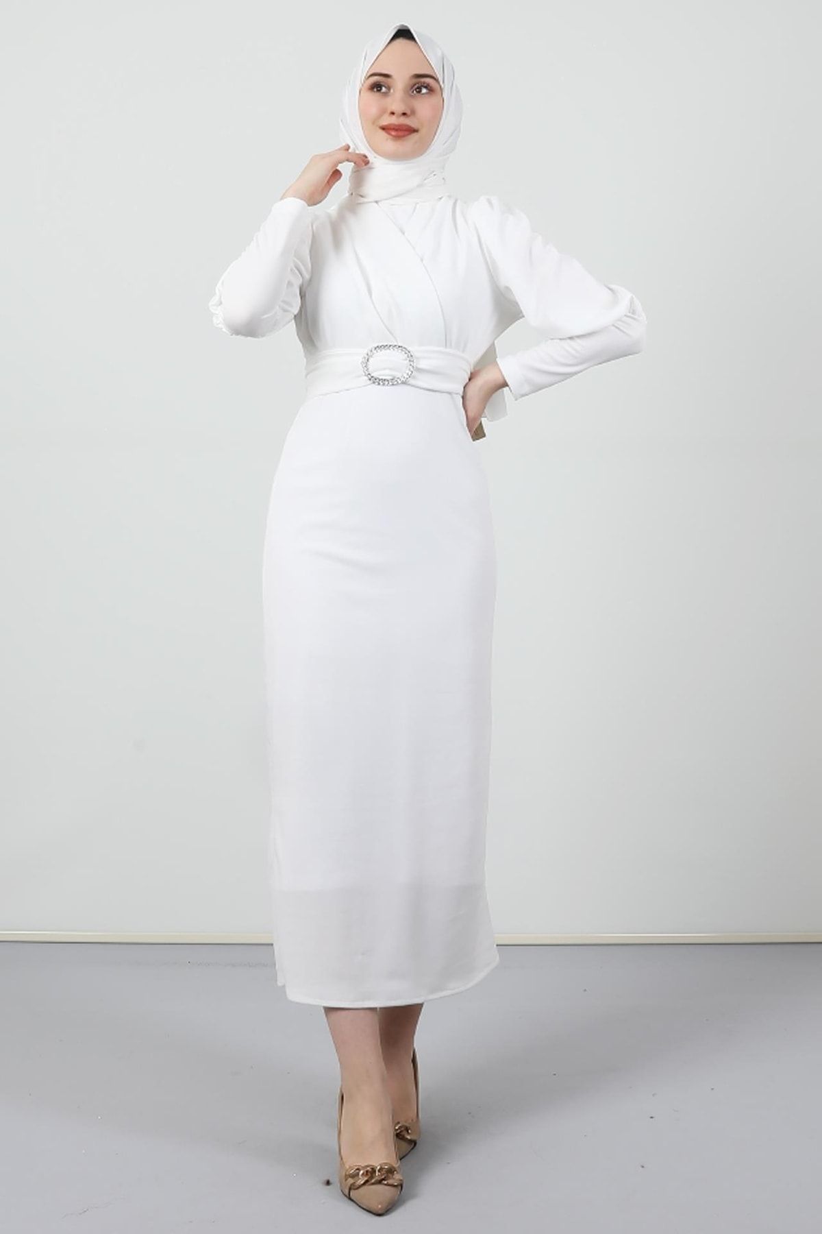 Giza Giyim Yakası Çapraz Elbise Beyaz