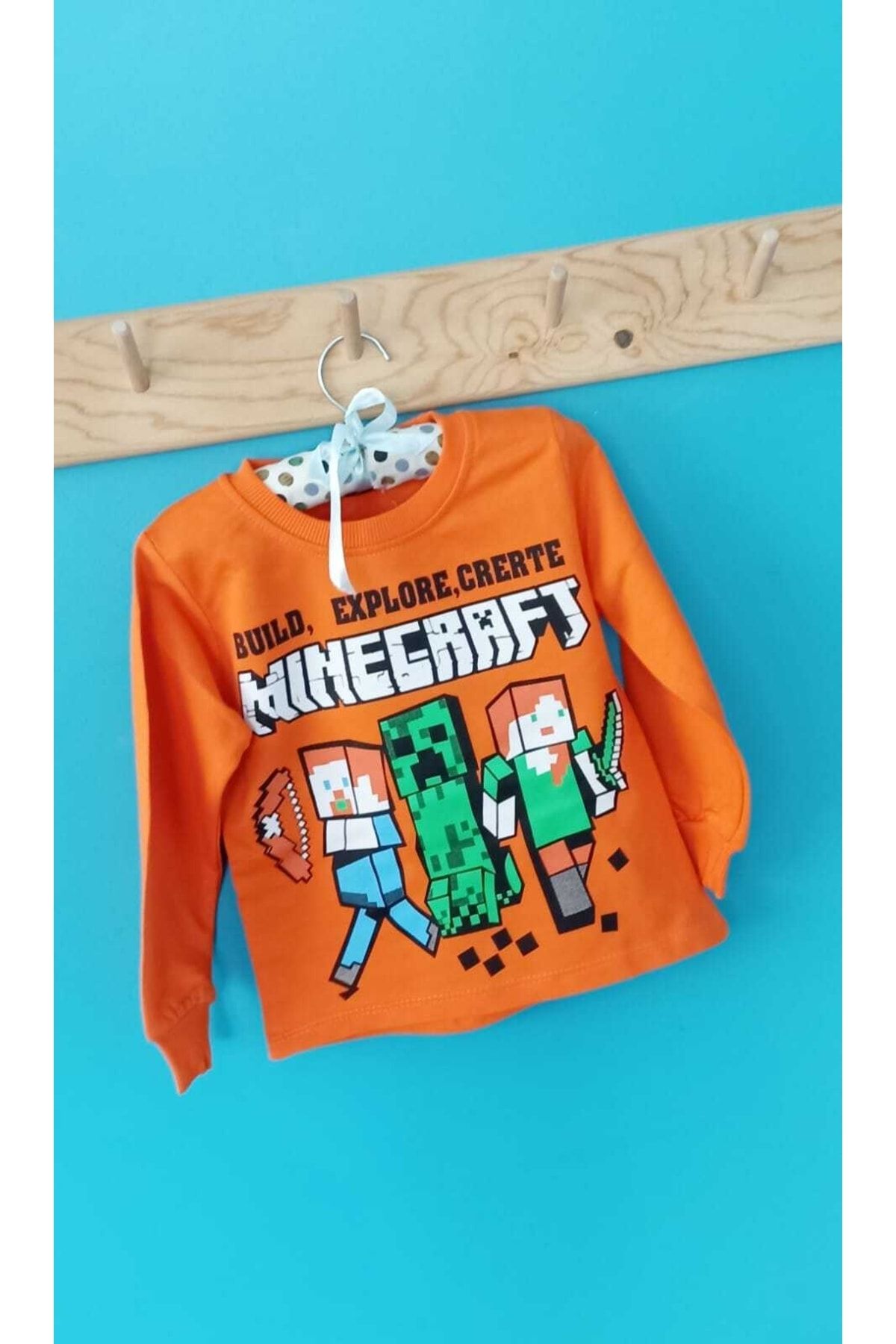Minika Turuncu Minecraft Baskılı Erkek Çocuk Mevsimlik Bayramlık Sweatshirt