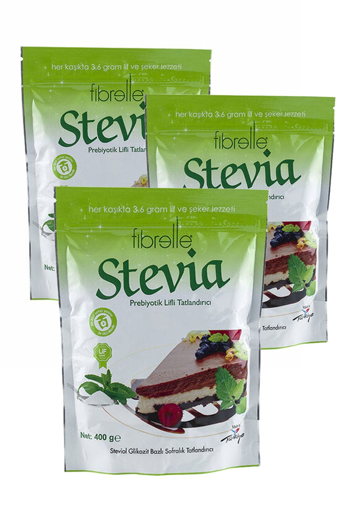 Fibrelle Stevia Toz Tatlandırıcı 400 gr  3 Adet Stevia 3 Paket
