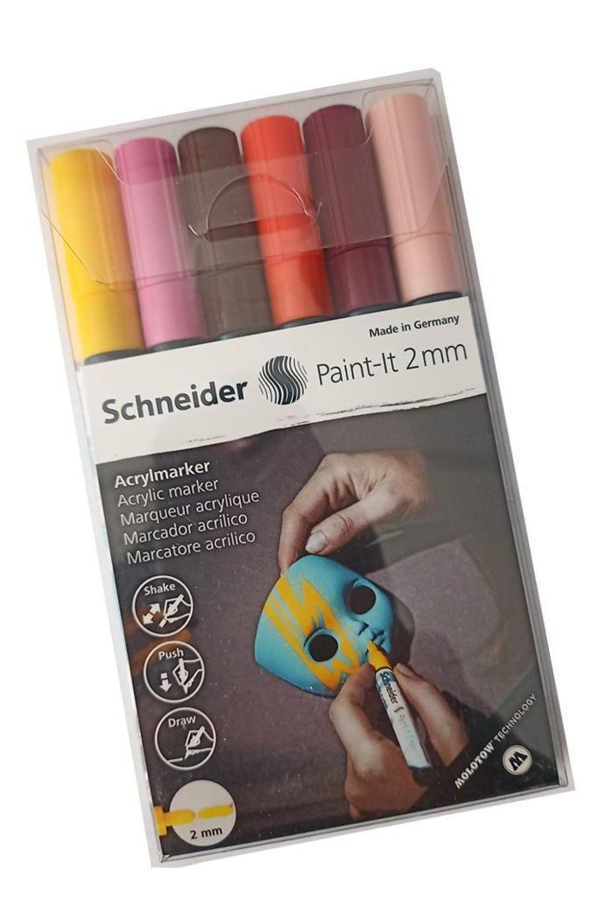 Schneider Akrilik Markör 2mm Soluk 6 Renkler Set 1 Paket Metal Cam Mantar Plastik Kumaş Deri Beton Boyama Için