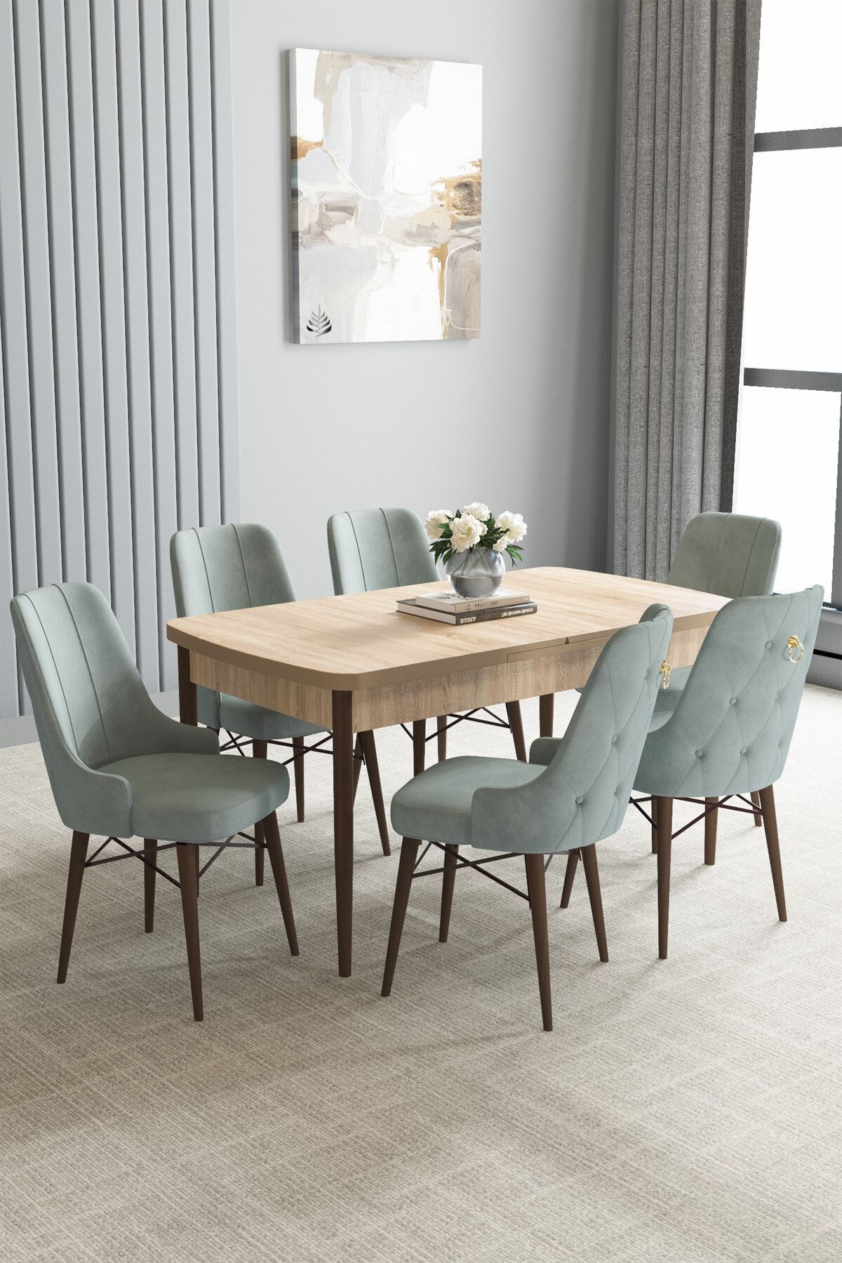 hoopsii Jusie Meşe Desen 80x132 Açılabilir Mutfak Masası Takımı 6 Adet Sandalye
