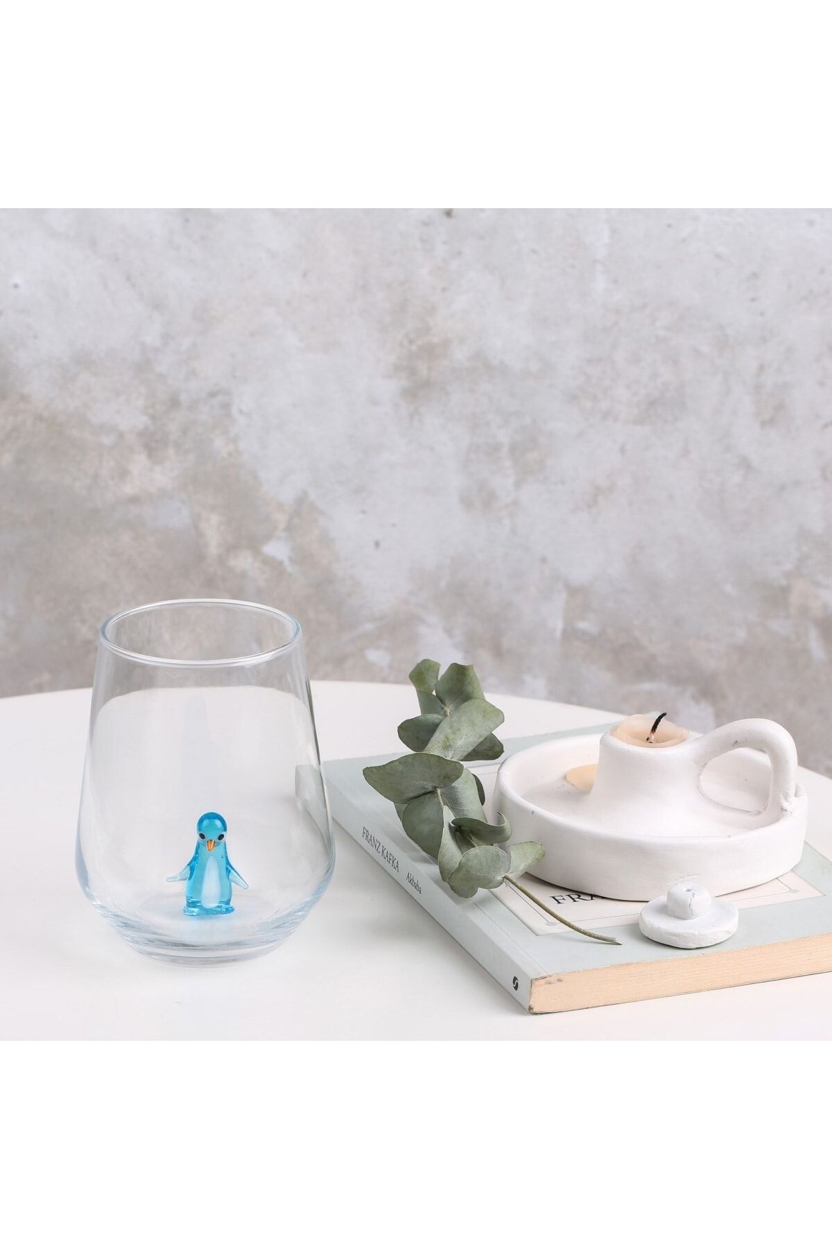 ADAMODART Mavi Penguen Figürlü Murano Cam Tasarım El Yapımı Tekli Su Bardağı