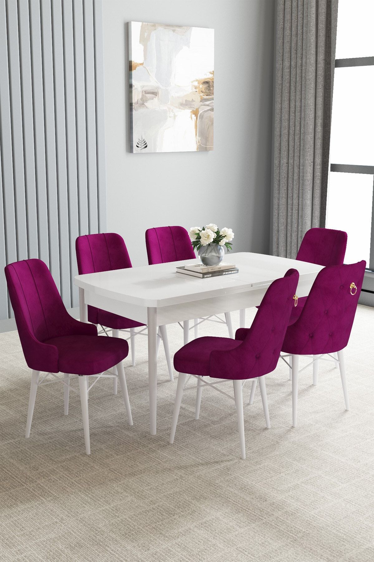 hoopsii Jusie Beyaz 80x132 Açılabilir Mutfak Masası Takımı 6 Adet Sandalye