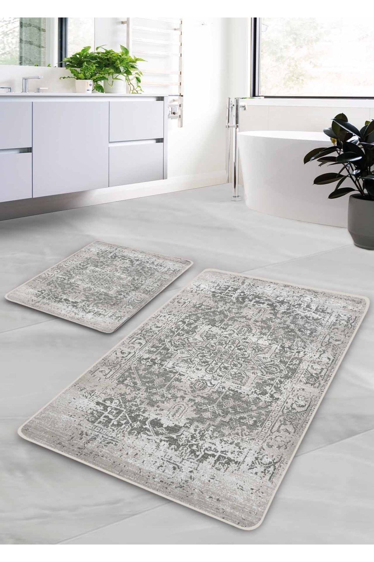 Pilloveland Kaymaz Taban Yıkanabilir 2’li Banyo Paspası - Gri Farmhouse Desenli 60*100 Cm - 50*60 Cm