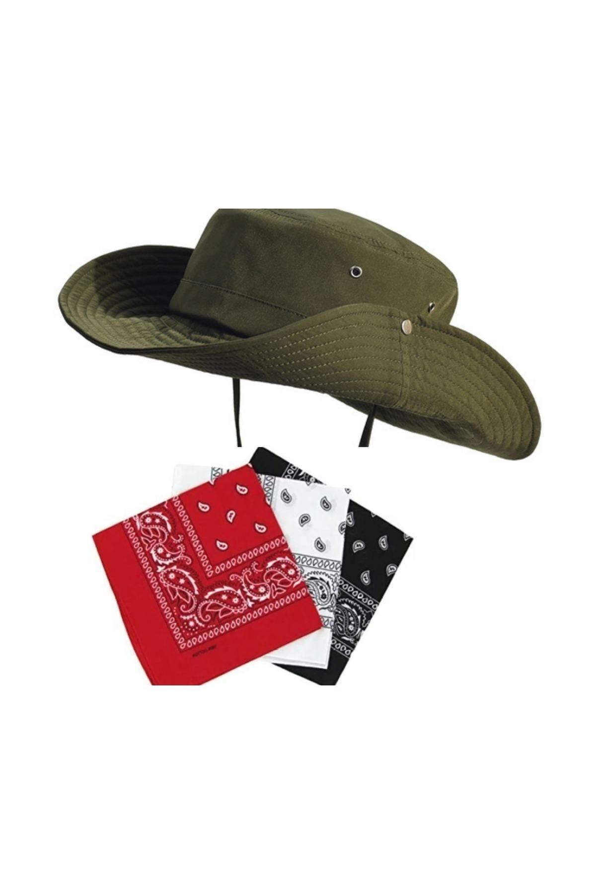 Rupen Kraft Yazlık Safari Fötr Cotton Kovboy Şapkası 3 Adet Bandana Kombinli