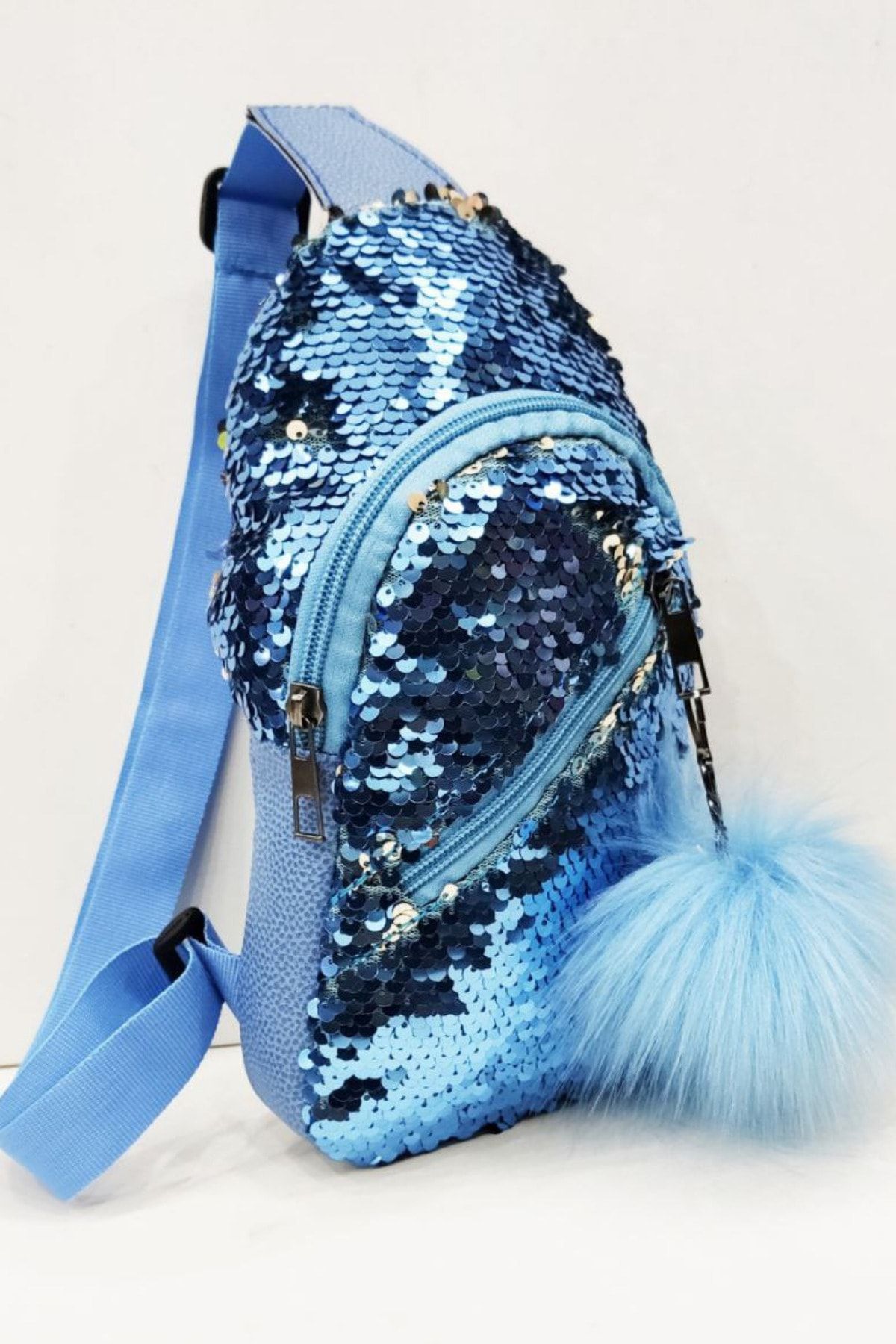 Defnella Açık Mavi Kız Çocuk Pullu Ponponlu Bel Body Bag Omuz Çantası