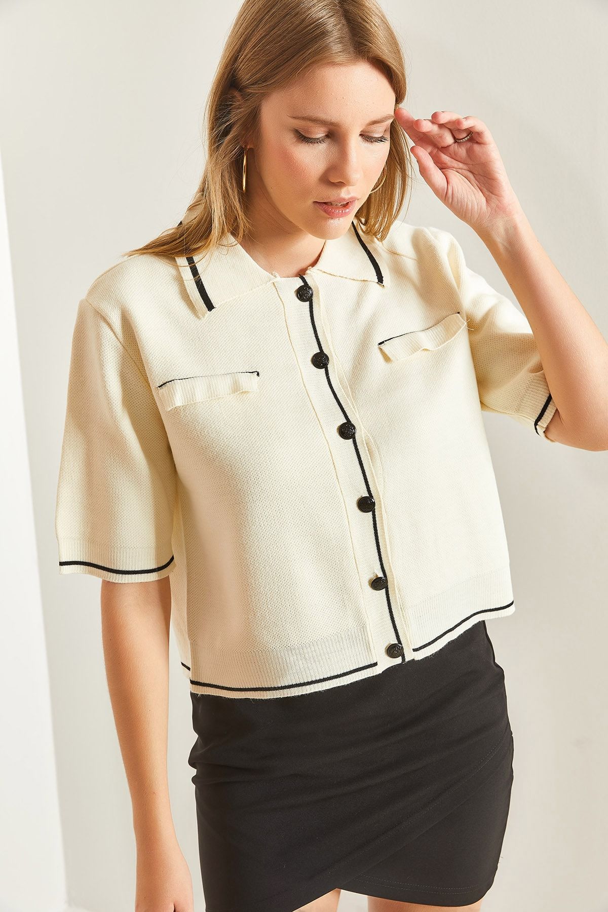 Bianco Lucci Kadın Gömlek Yaka Çift Cep Desenli Triko Bluz