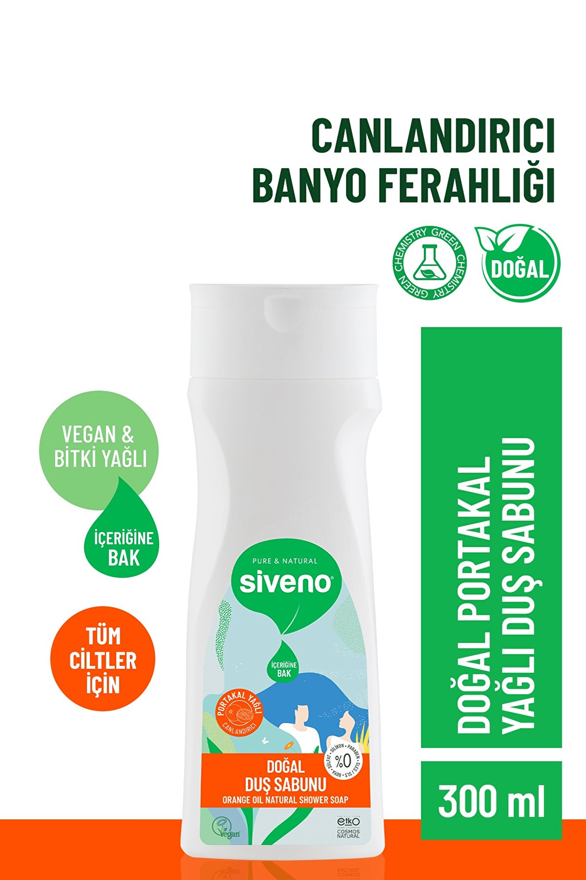 Siveno %100 Doğal Duş Sabunu Portakal Kokulu Canlandırıcı Duş Jeli 6 Değerli Bitki Vegan 300 ml