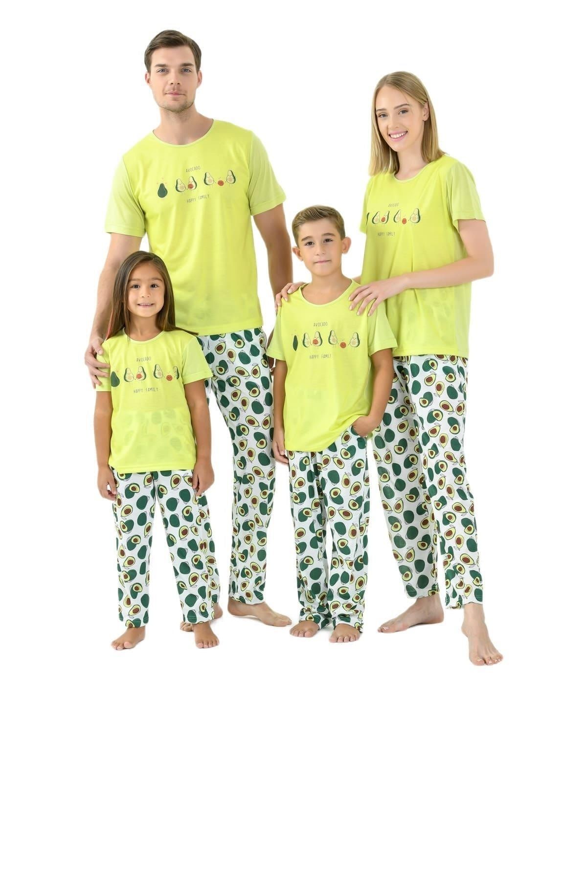 Yeni İnci 4 Adet Anne Kız Çocuk Baba Oğul Aile Avokado Pijama Takım
