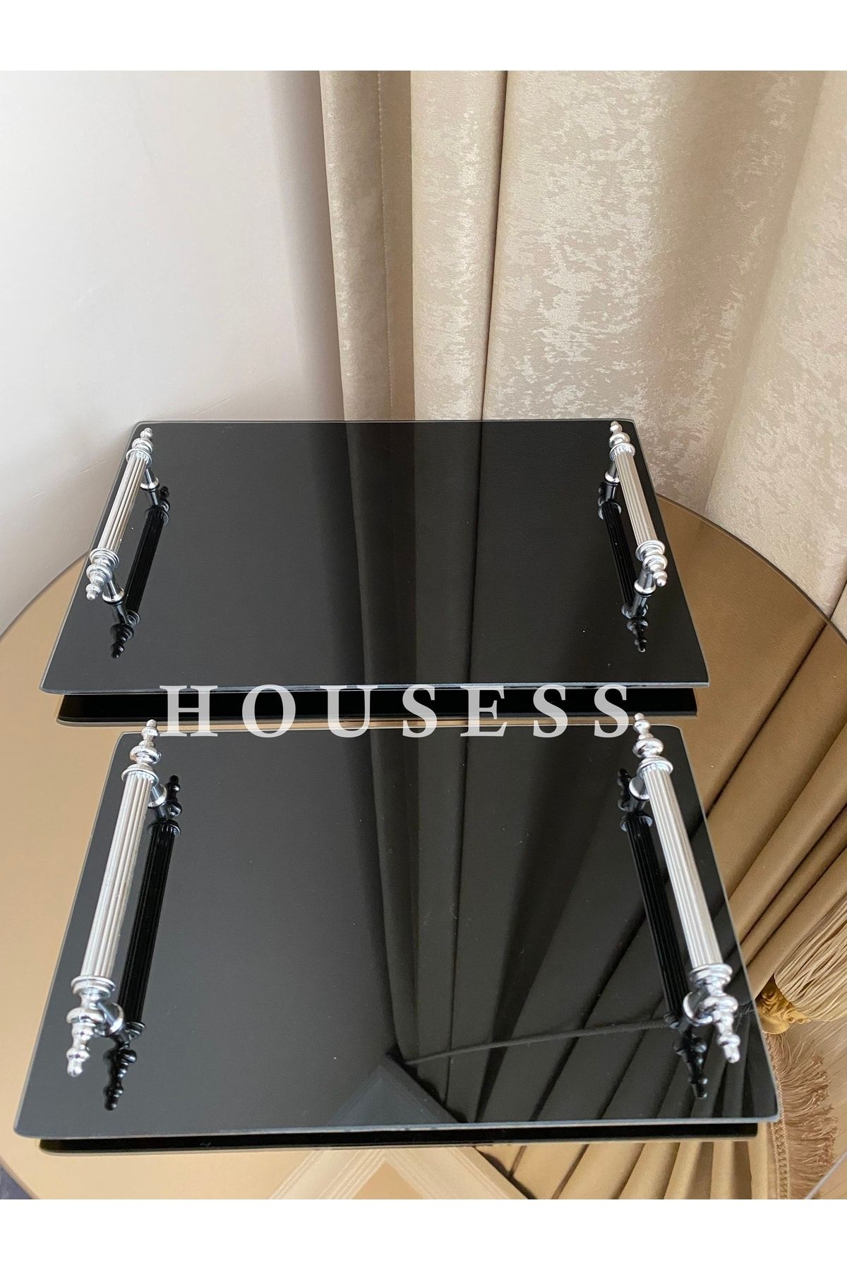 Housess 2'li Söz Nişan Kına Tepsisi Siyah Dekoratif Dikdörtgen Gümüş Kulplu Sunum Tepsi