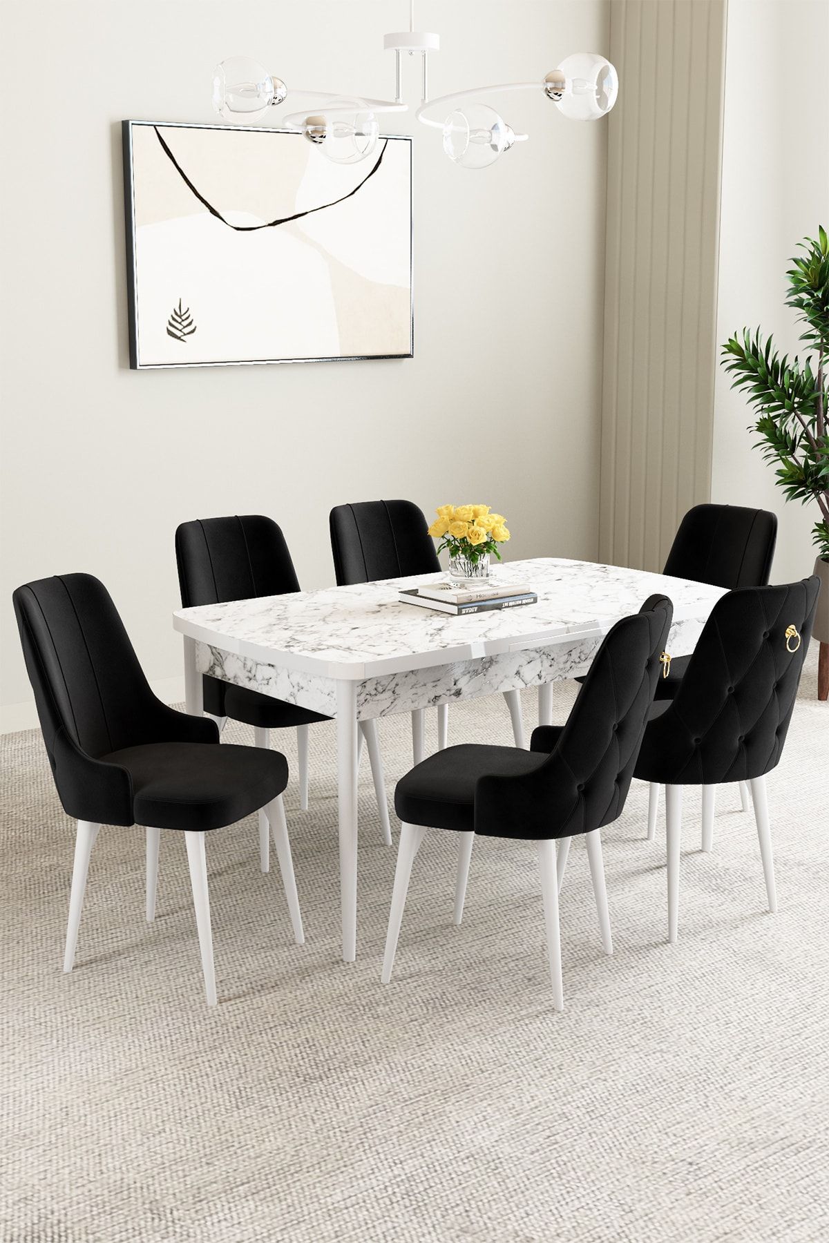hoopsii Mabel Beyaz Mermer Desen 80x132 Açılabilir Mutfak Masası Takımı 6 Adet Sandalye