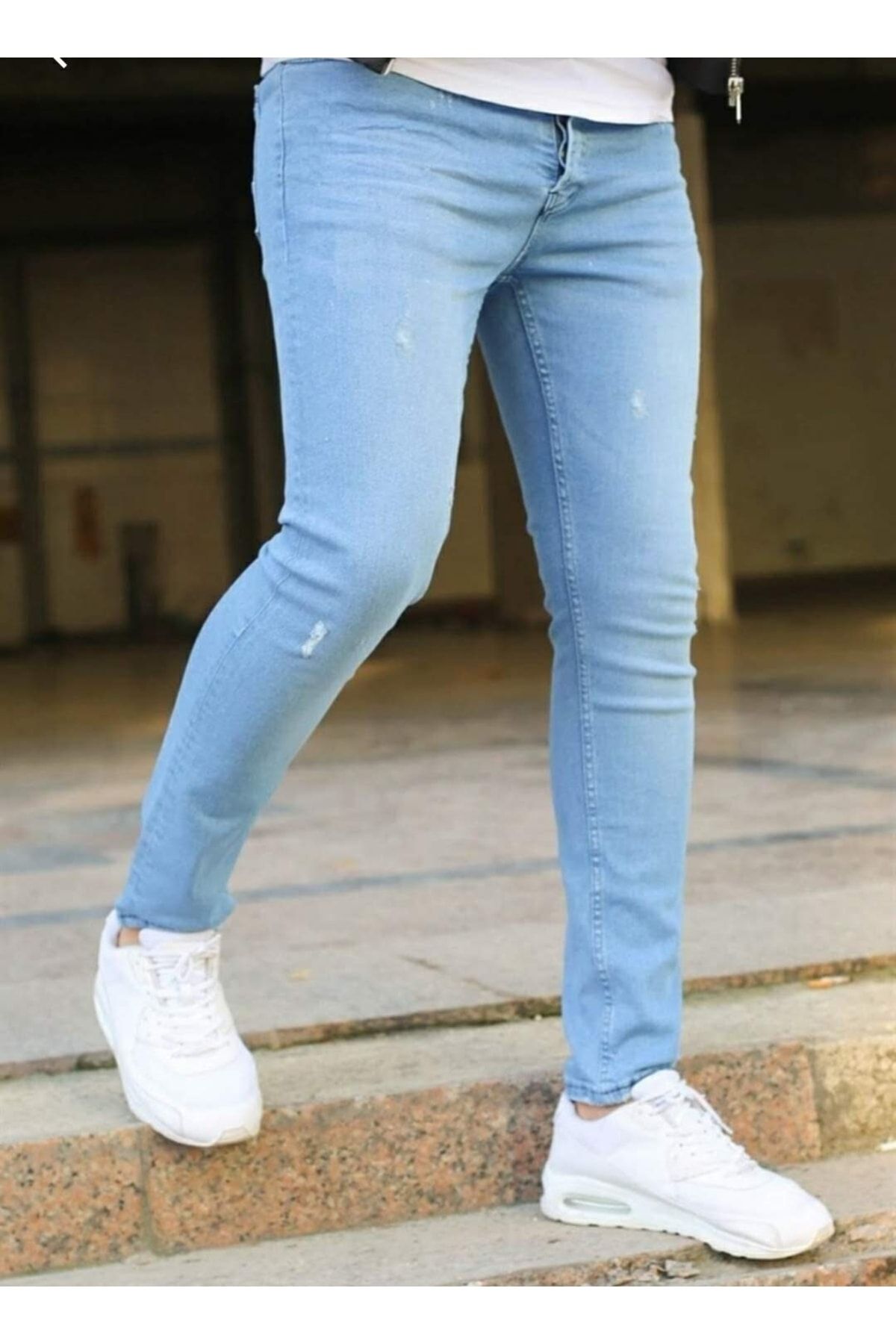 GrandeShop Erkek Buz Mavi Tırnaklı Slimfit Likralı Italyan Kesim Dar Paça Kot Pantolon