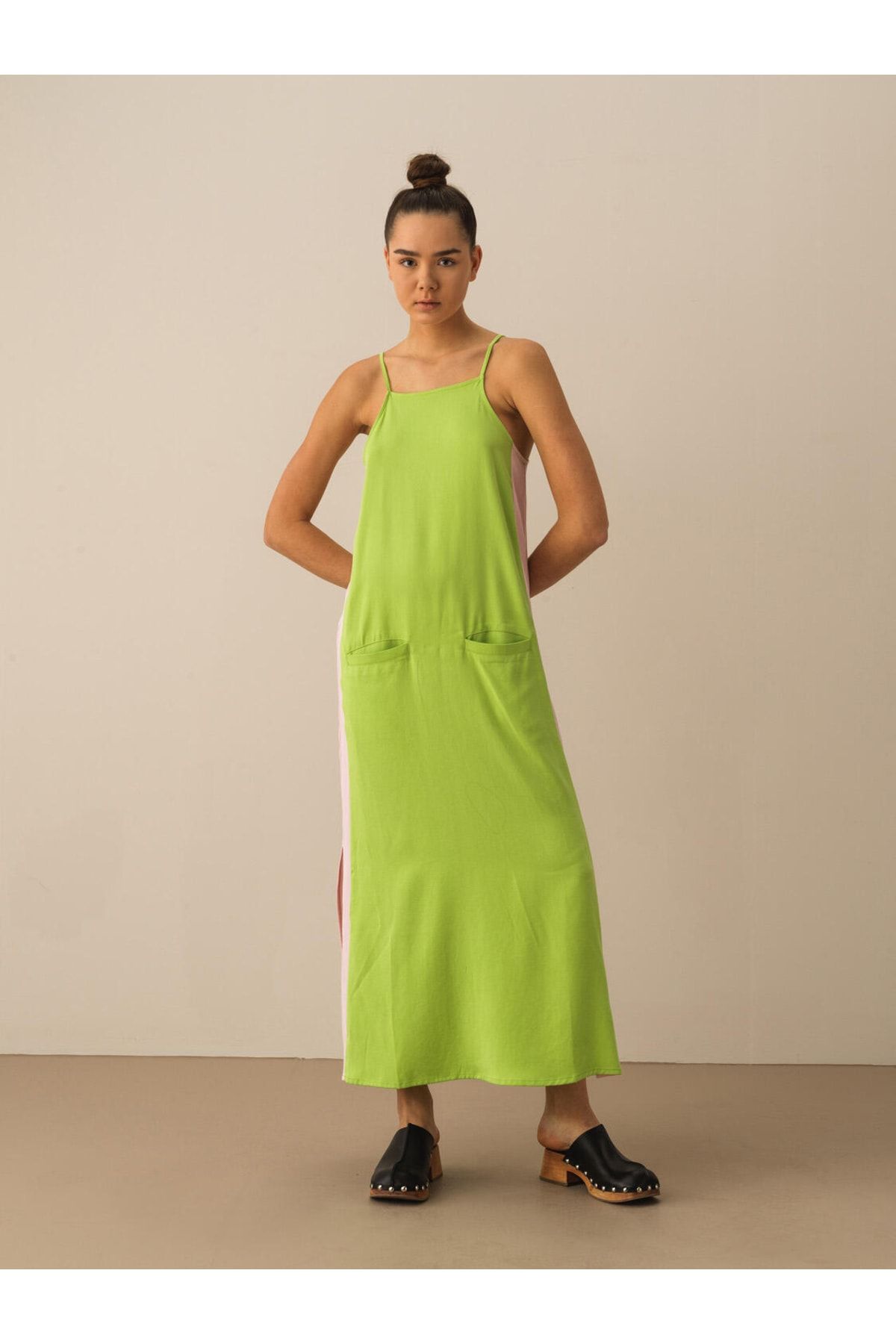 Xint Kadın Yeşil %100 Liyosel Regular Fit Askılı Elbise