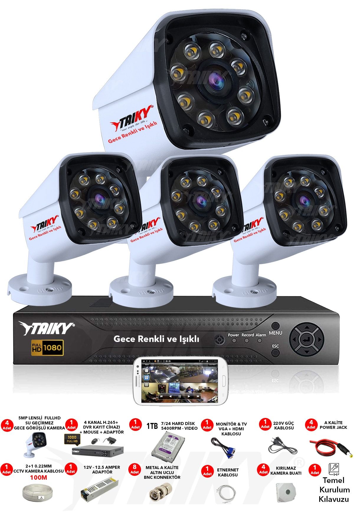 TAIKY 4 Kameralı 5mp Sony Lensli Fullhd 1080p Gece Renkli Kamera Seti Güvenlik Kamera Sistemleri F144-1tb