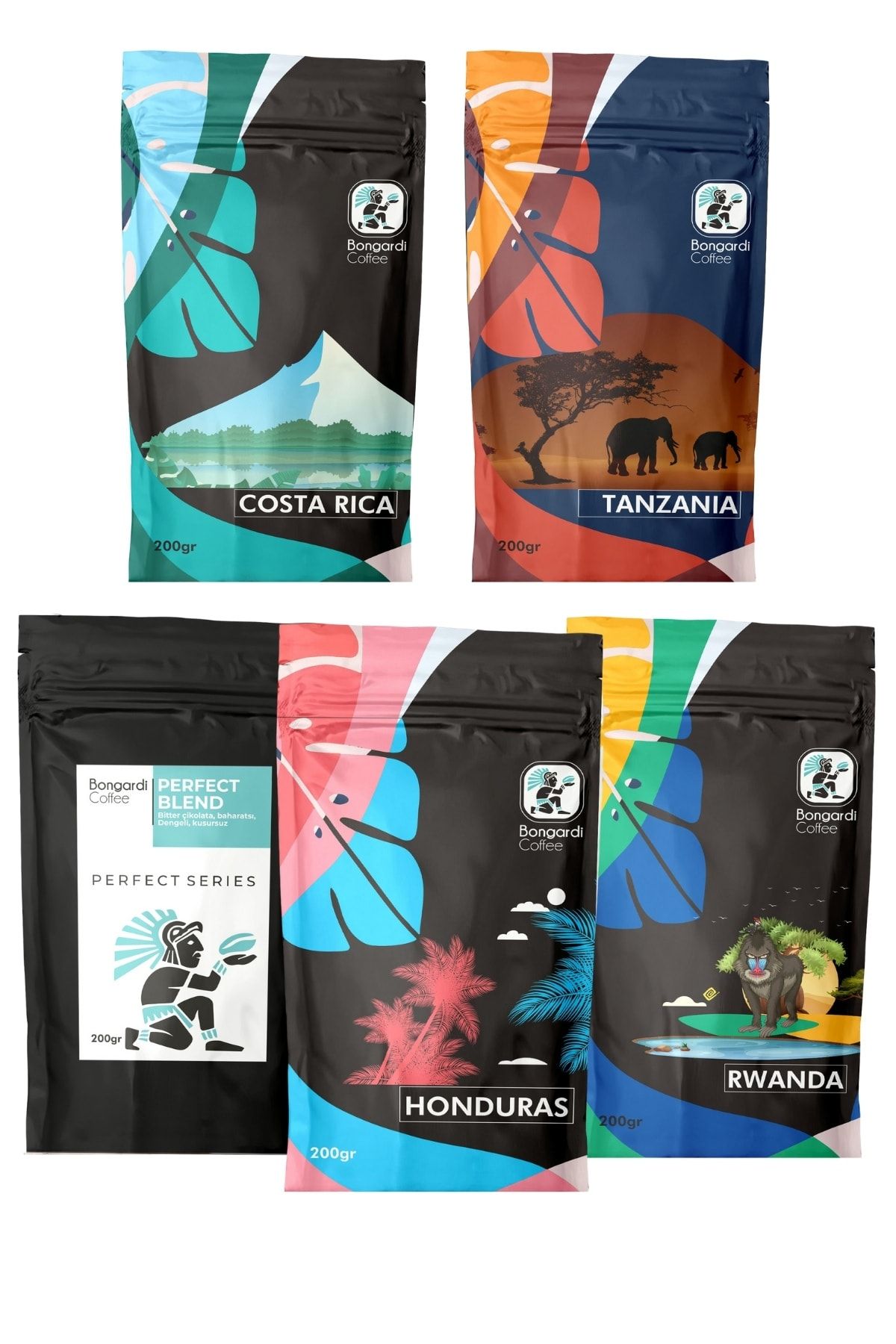 Bongardi Coffee 5x200 gram Tanzanya Ruanda Kosta Rika Honduras Perfect Blend Filtre Kahve Seti