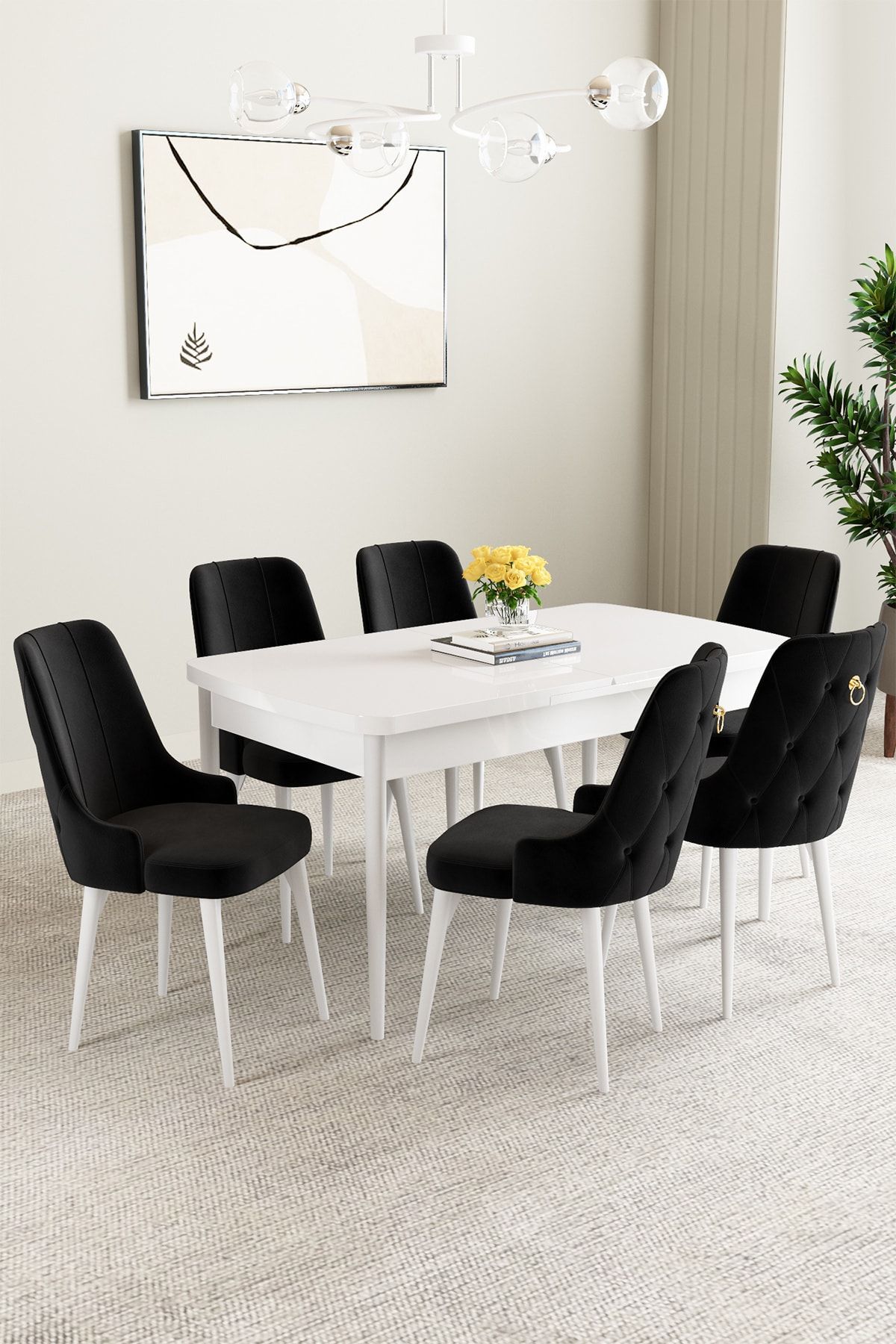 hoopsii Mabel Beyaz 80x132 Açılabilir Mutfak Masası Takımı 6 Adet Sandalye