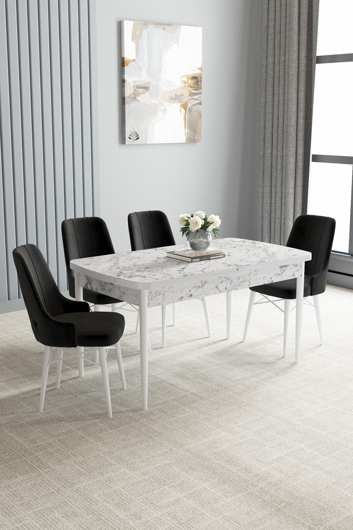 hoopsii Jusie Beyaz Mermer Desen 80x132 Açılabilir Mutfak Masası Takımı 4 Adet Sandalye