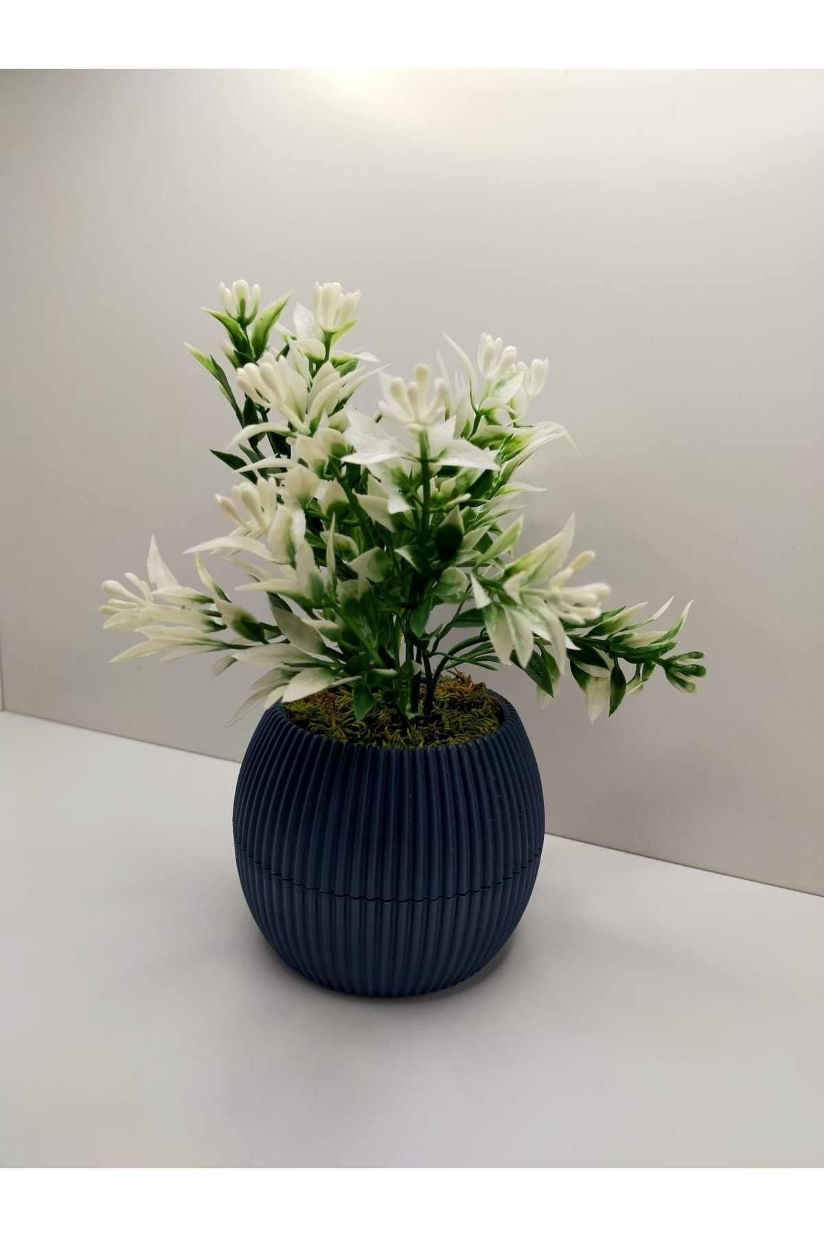 DDTREND Mini Saksıda Yeşil Beyaz Yapay Bitki Garnitür Taş Yosunlu 17 Cm Dekoratif Banyo Mutfak Masa Çiçeği